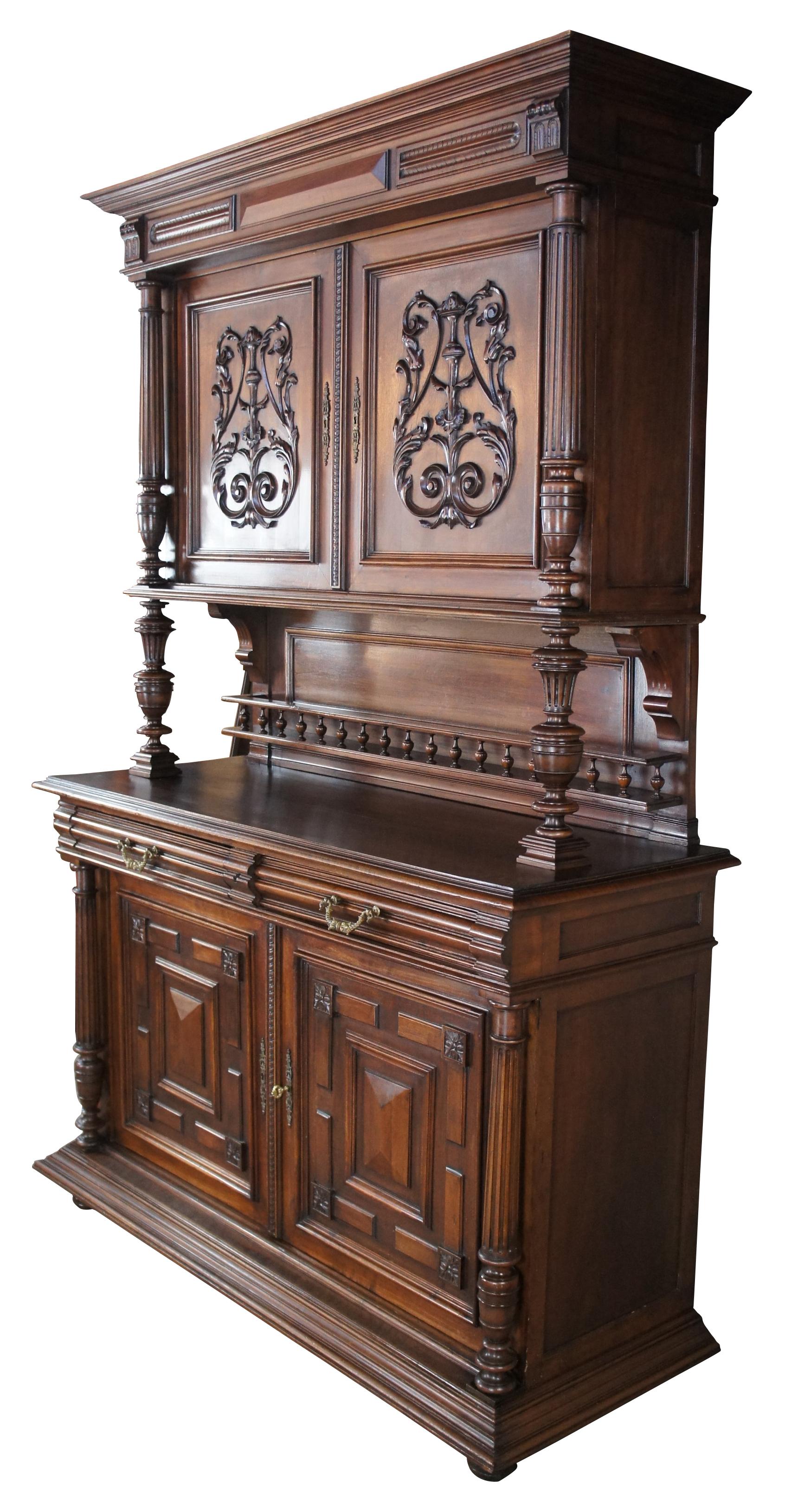 Renaissance Revival Antique French Renaissance Henry II Style Walnut Buffet Hutch Sideboard Cabinet