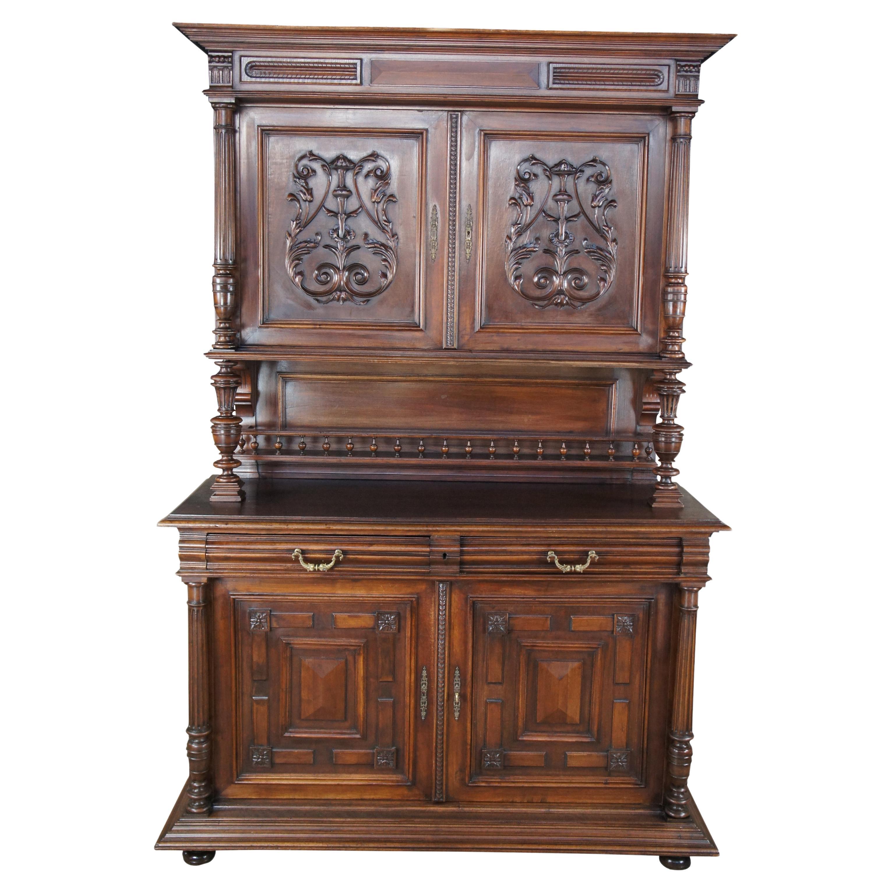 Antique French Renaissance Henry II Style Walnut Buffet Hutch Sideboard Cabinet