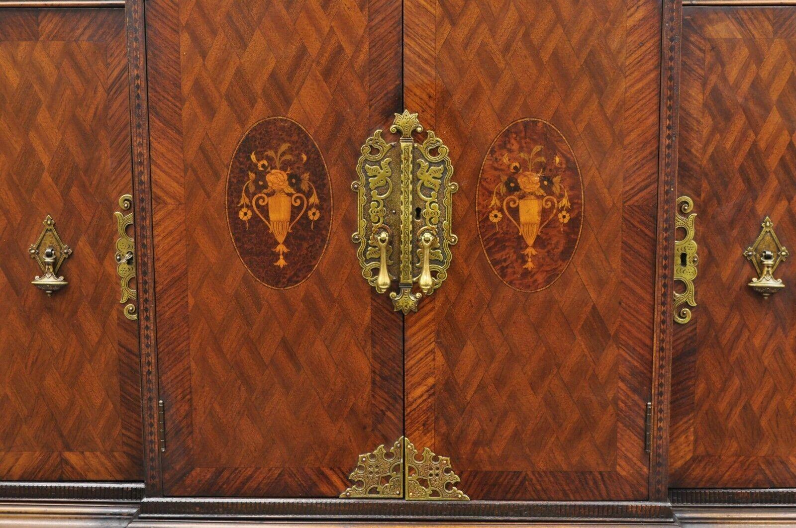 Antique French Renaissance Inlaid Walnut Record China Liquor Bar Cabinet In Good Condition For Sale In Philadelphia, PA
