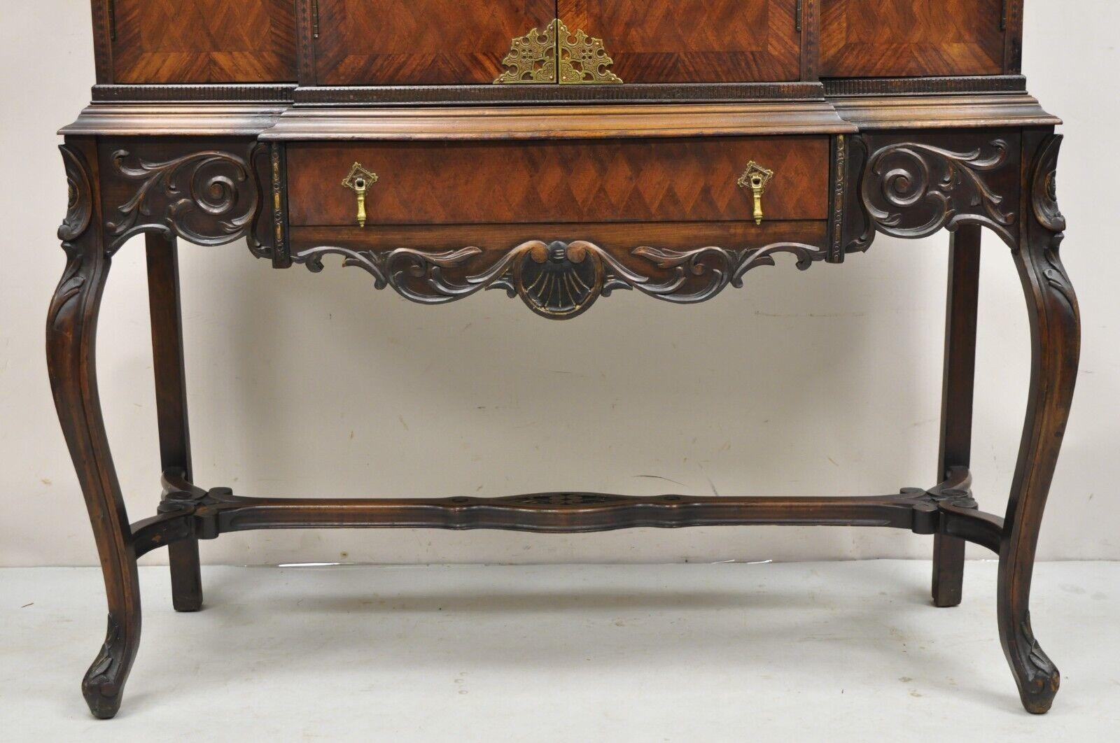 Early 20th Century Antique French Renaissance Inlaid Walnut Record China Liquor Bar Cabinet For Sale