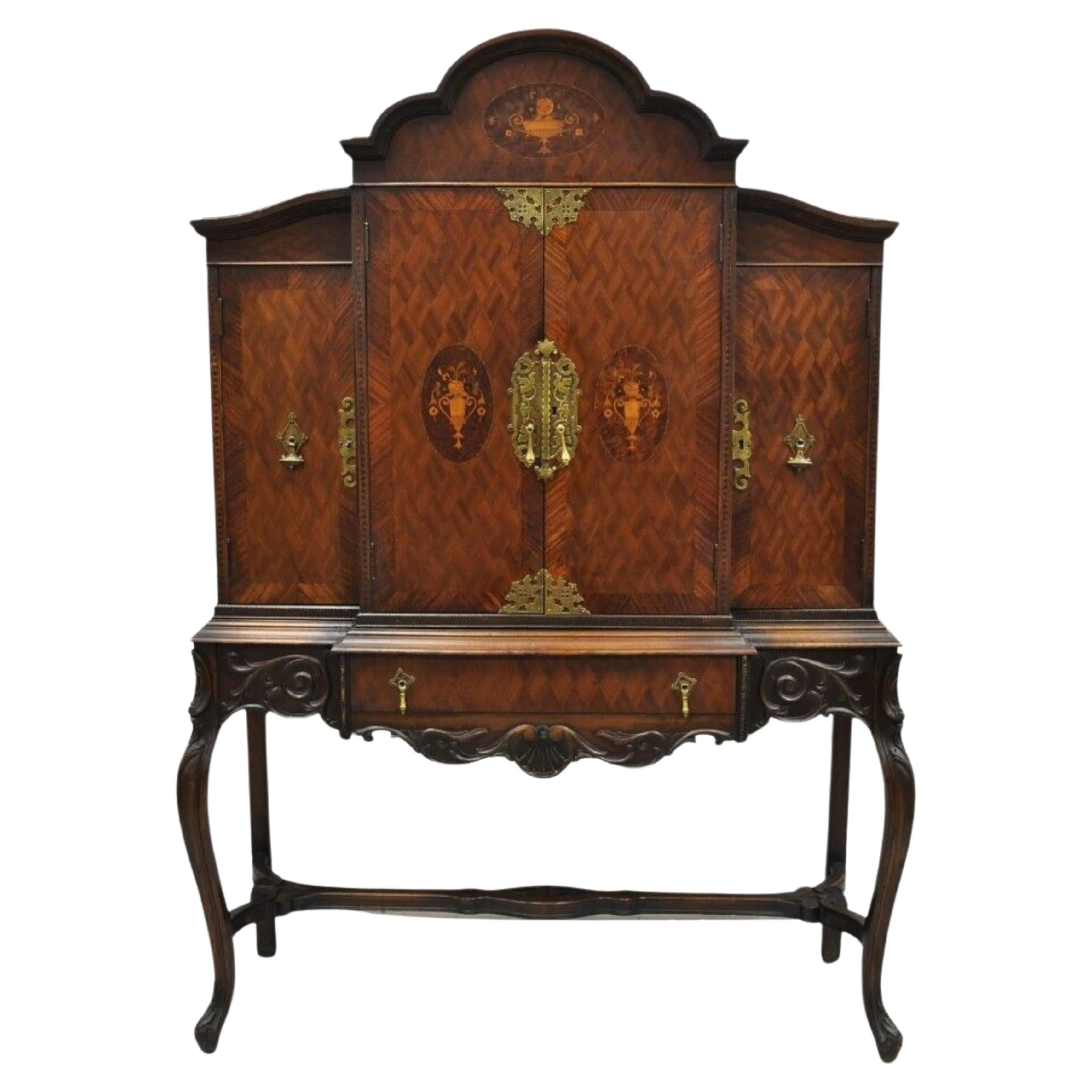 Antique French Renaissance Inlaid Walnut Record China Liquor Bar Cabinet For Sale