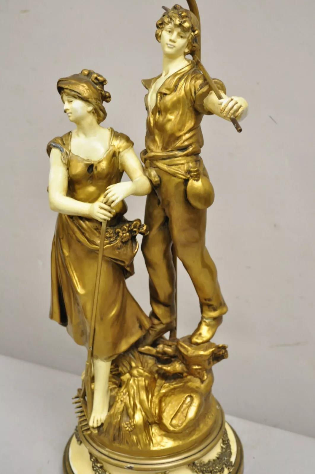 Antique French Renaissance Moreau Figural Metal Table Lamp, Wife & Farmer For Sale 6