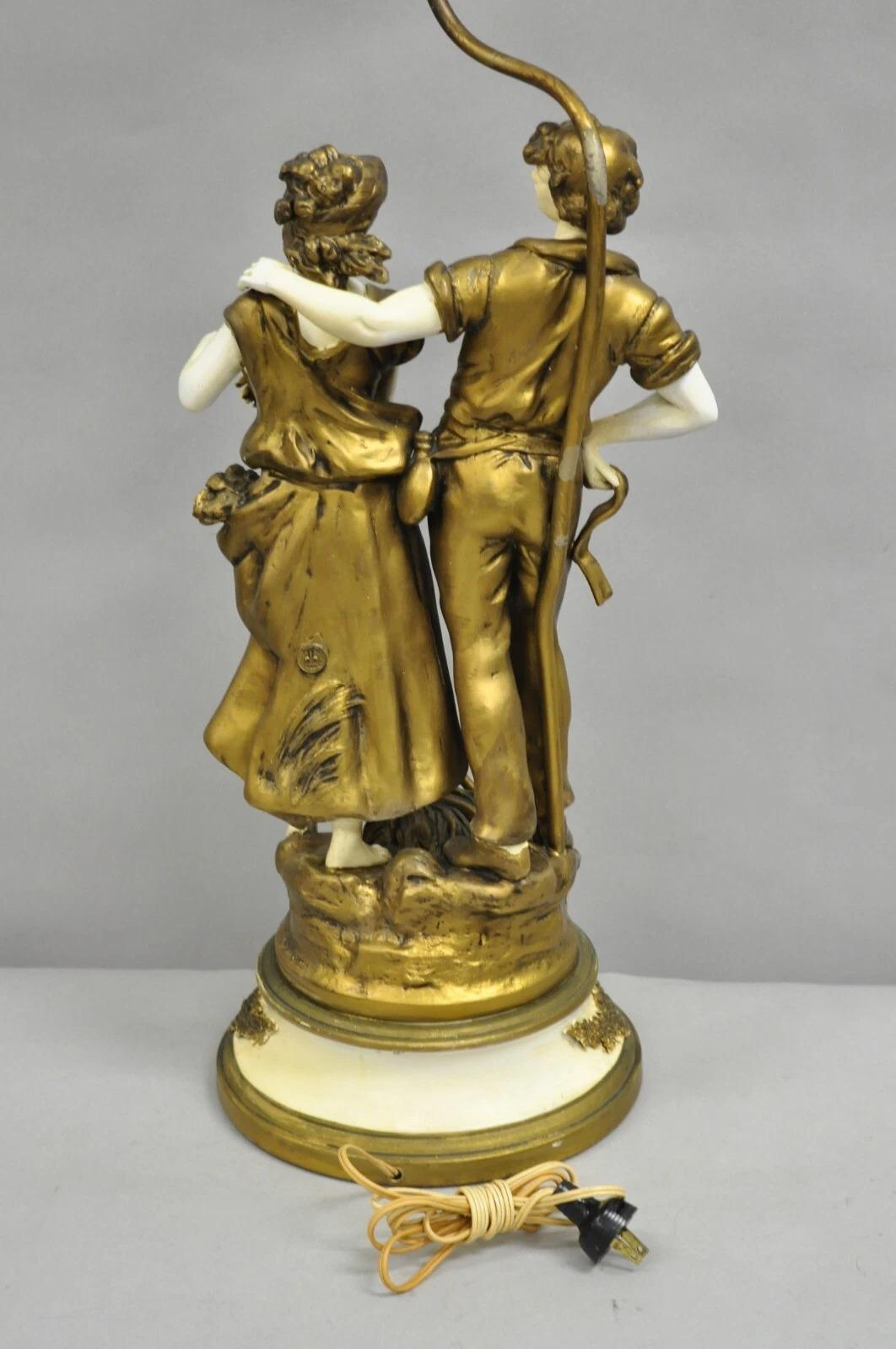 Antique French Renaissance Moreau Figural Metal Table Lamp, Wife & Farmer For Sale 7