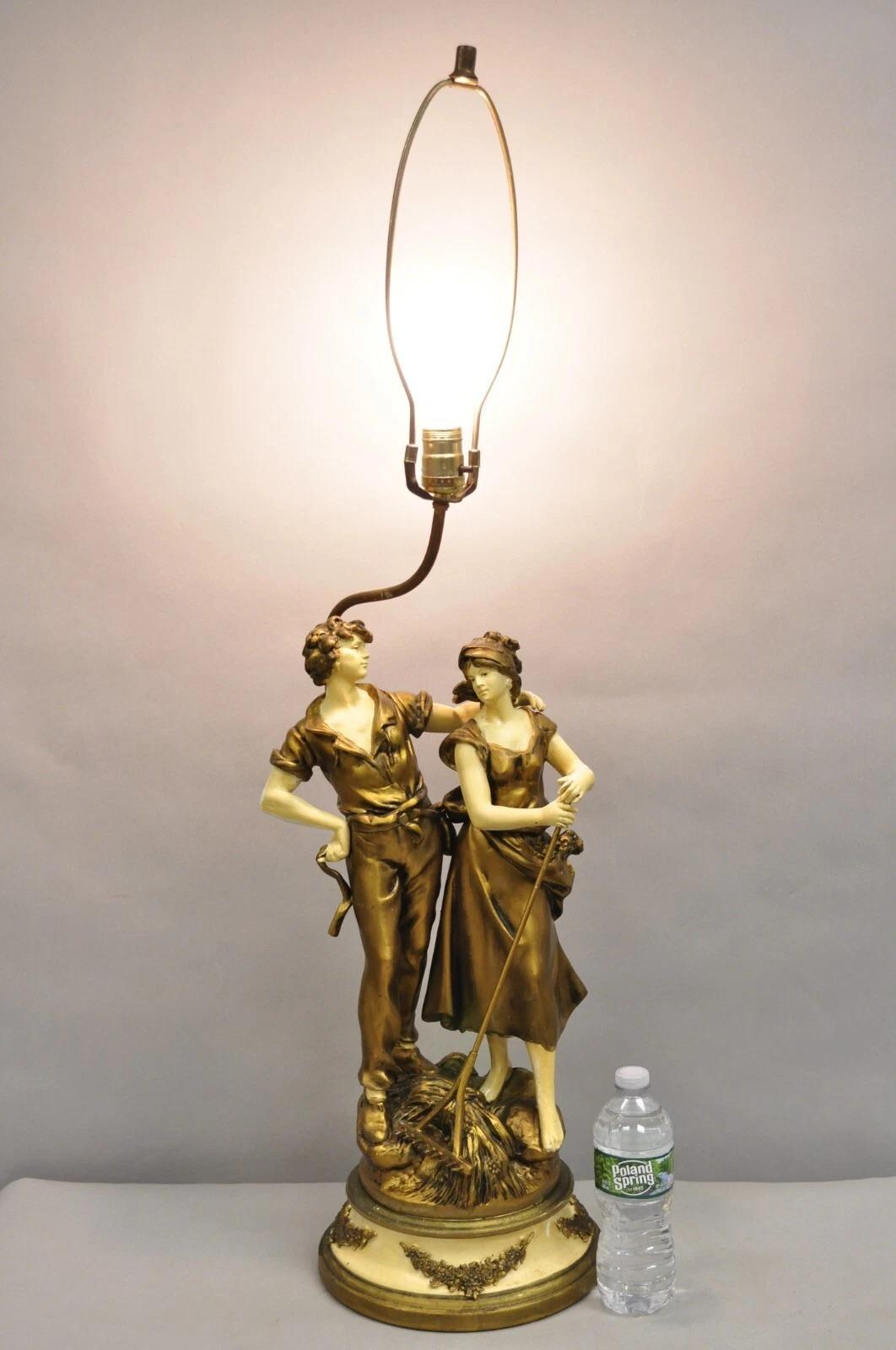 Antique French Renaissance Moreau Figural Metal Table Lamp, Wife & Farmer. Circa Early 20th Century. Measurements: 40 H (to finial) x 29