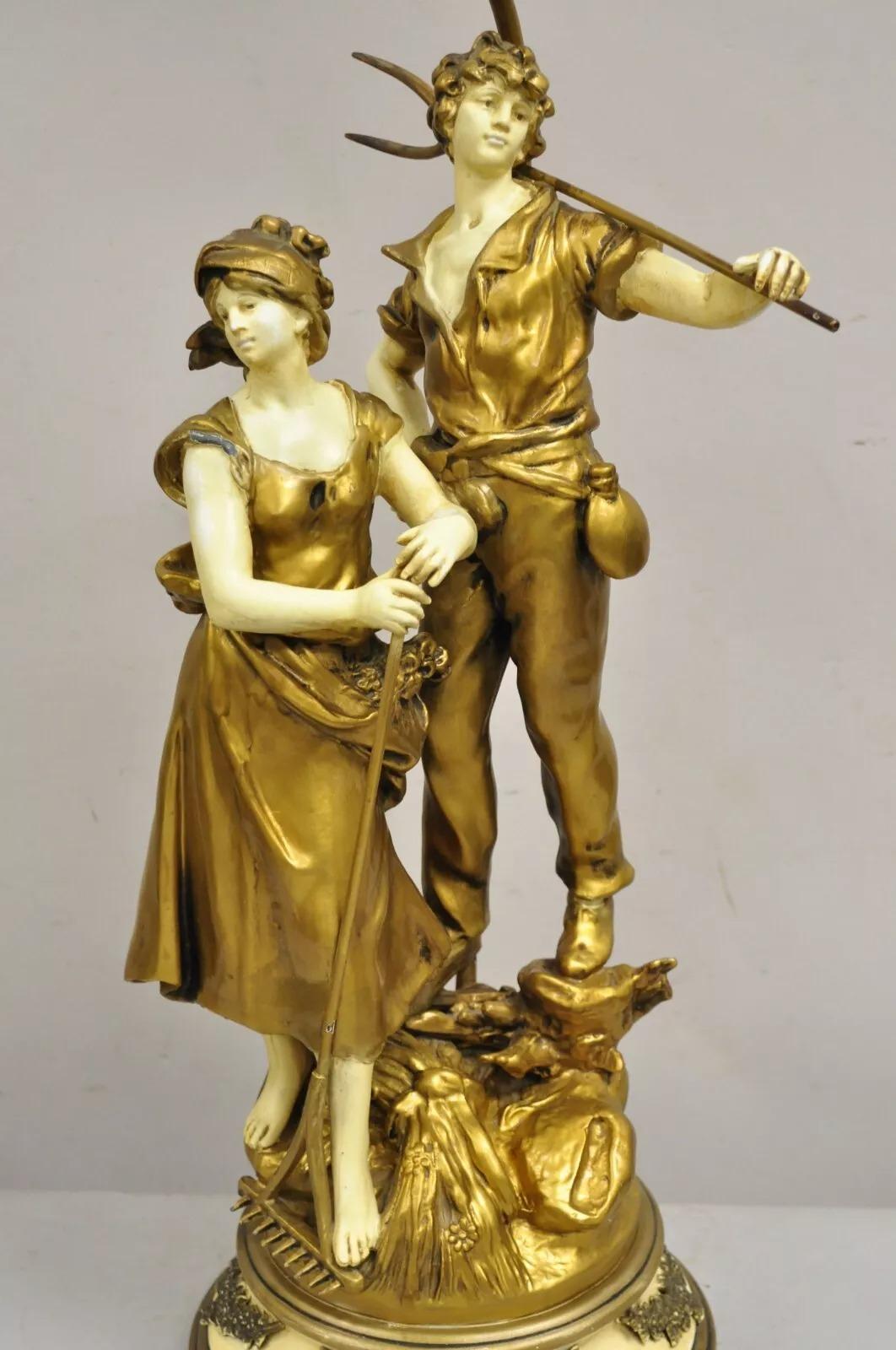 Unknown Antique French Renaissance Moreau Figural Metal Table Lamp, Wife & Farmer For Sale