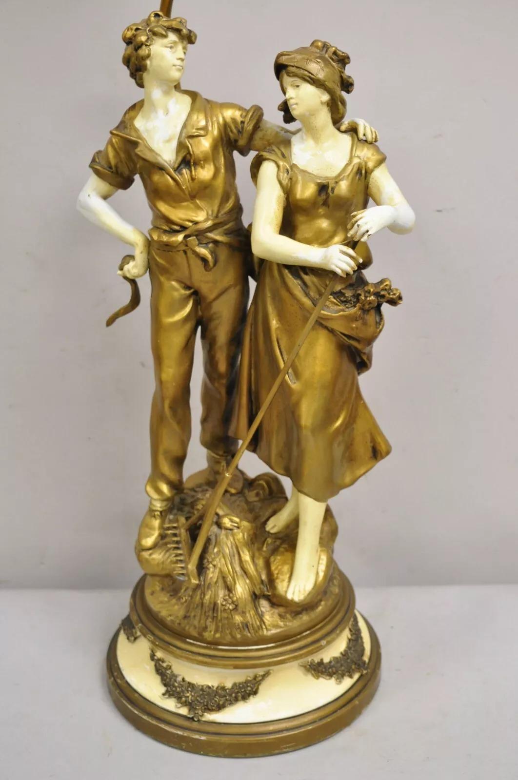 Rinascimento Antique French Renaissance Moreau Figural Metal Table Lamp, Wife & Farmer (Moglie e contadino) in vendita
