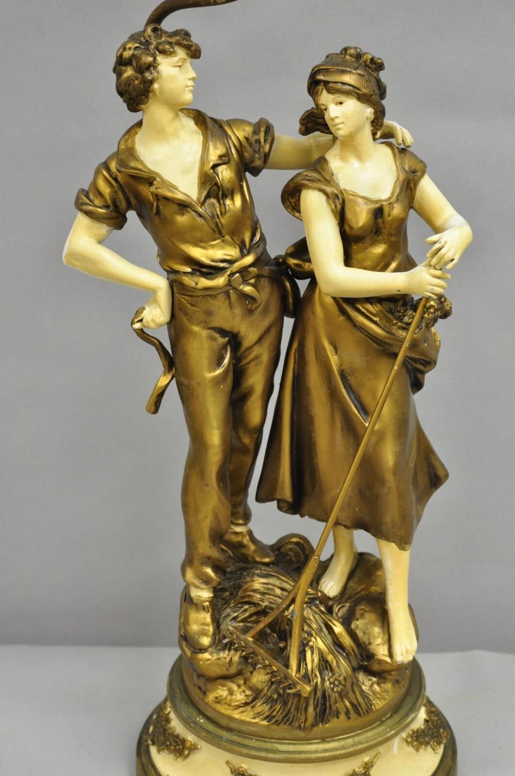 Unknown Antique French Renaissance Moreau Figural Metal Table Lamp, Wife & Farmer For Sale
