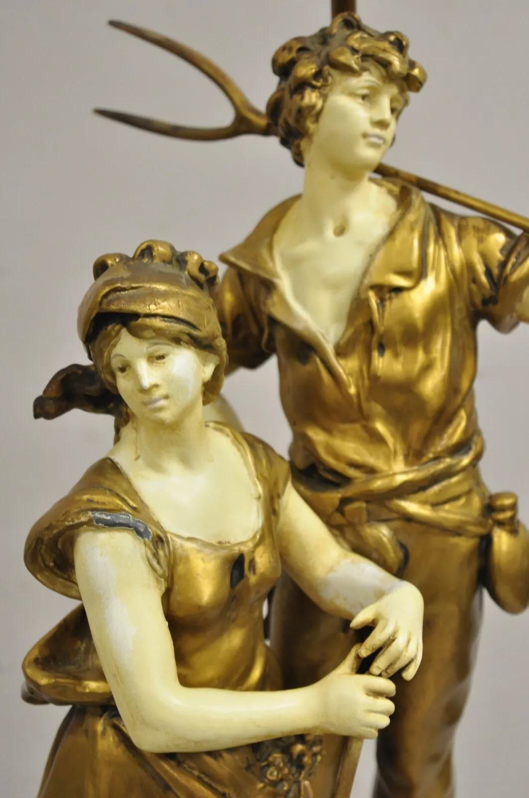 Antique French Renaissance Moreau Figural Metal Table Lamp, Wife & Farmer In Good Condition For Sale In Philadelphia, PA