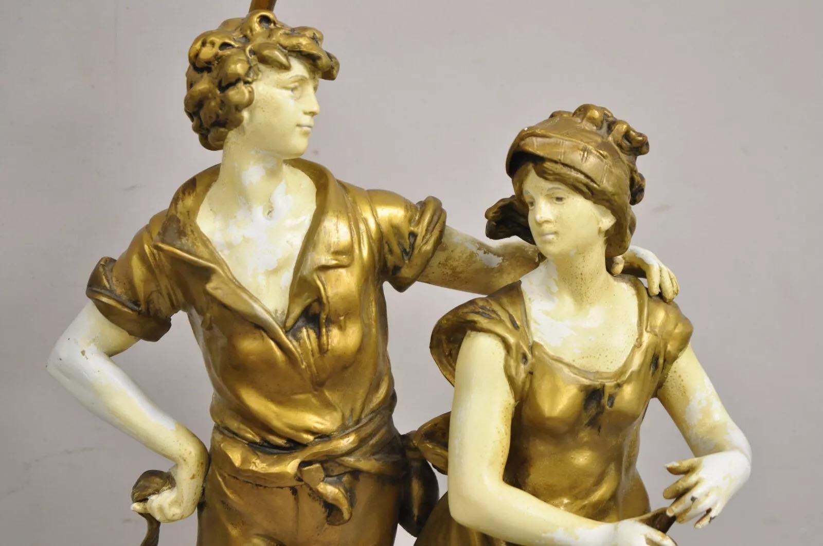 Sconosciuto Antique French Renaissance Moreau Figural Metal Table Lamp, Wife & Farmer (Moglie e contadino) in vendita