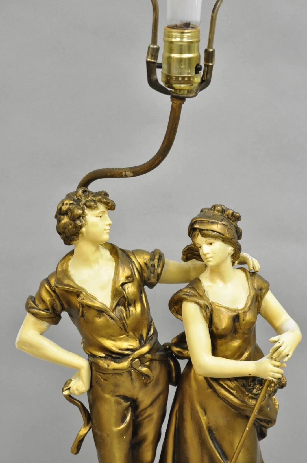 Antique French Renaissance Moreau Figural Metal Table Lamp, Wife & Farmer In Good Condition For Sale In Philadelphia, PA