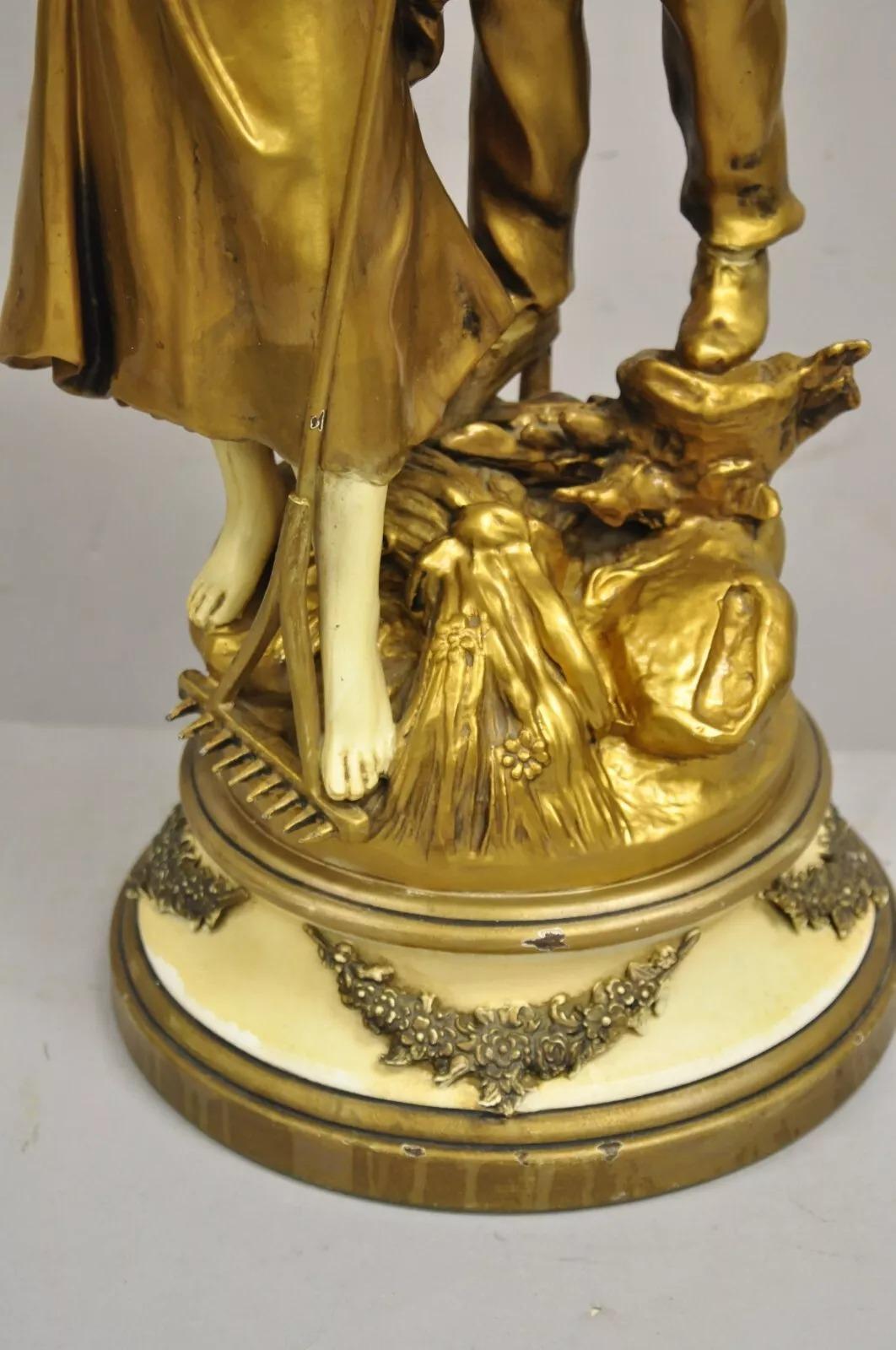 20th Century Antique French Renaissance Moreau Figural Metal Table Lamp, Wife & Farmer For Sale