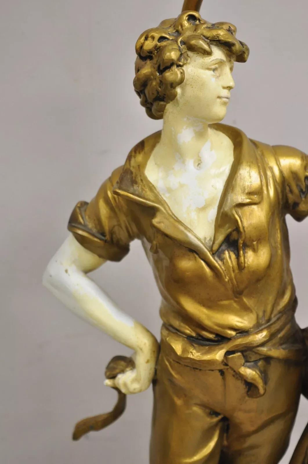 Antique French Renaissance Moreau Figural Metal Table Lamp, Wife & Farmer (Moglie e contadino) In condizioni buone in vendita a Philadelphia, PA