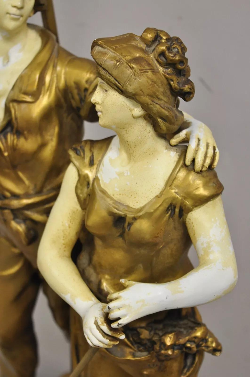 XX secolo Antique French Renaissance Moreau Figural Metal Table Lamp, Wife & Farmer (Moglie e contadino) in vendita