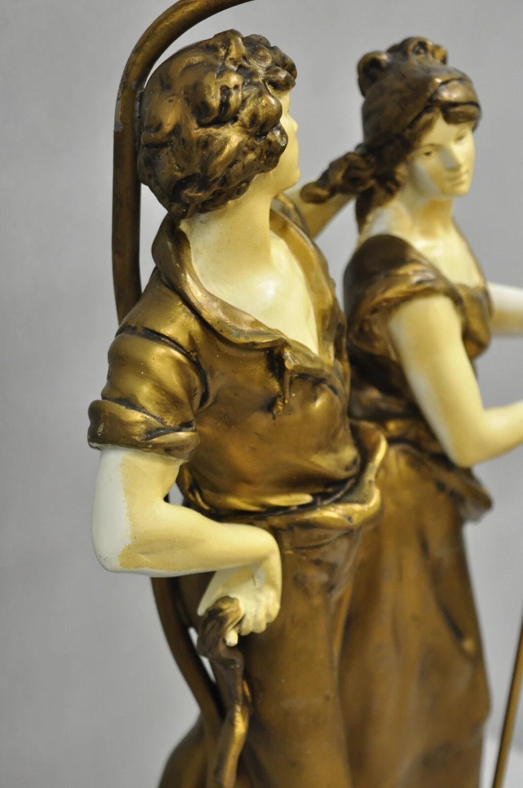 Antique French Renaissance Moreau Figural Metal Table Lamp, Wife & Farmer For Sale 1