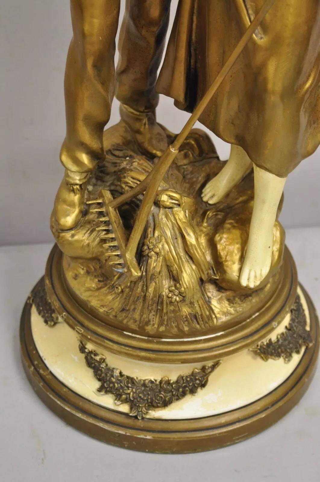 Metallo Antique French Renaissance Moreau Figural Metal Table Lamp, Wife & Farmer (Moglie e contadino) in vendita