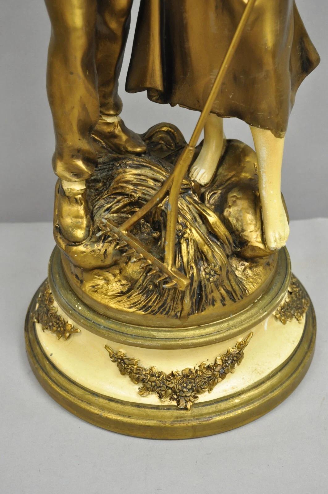 Antique French Renaissance Moreau Figural Metal Table Lamp, Wife & Farmer For Sale 2