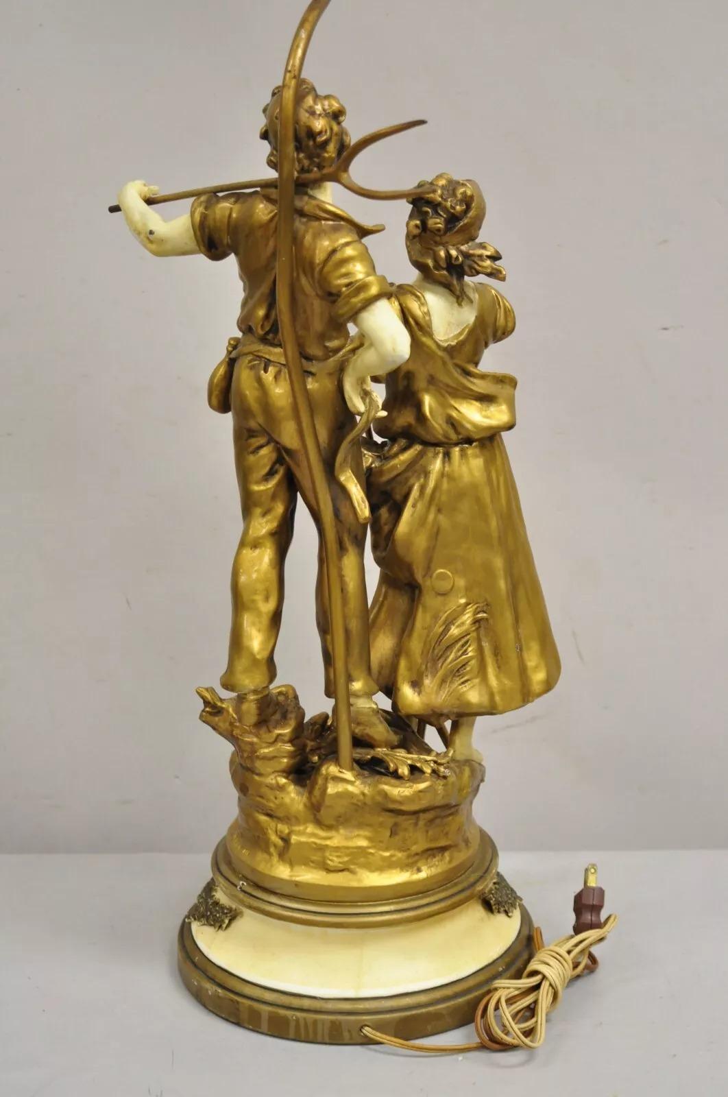 Antique French Renaissance Moreau Figural Metal Table Lamp, Wife & Farmer For Sale 3