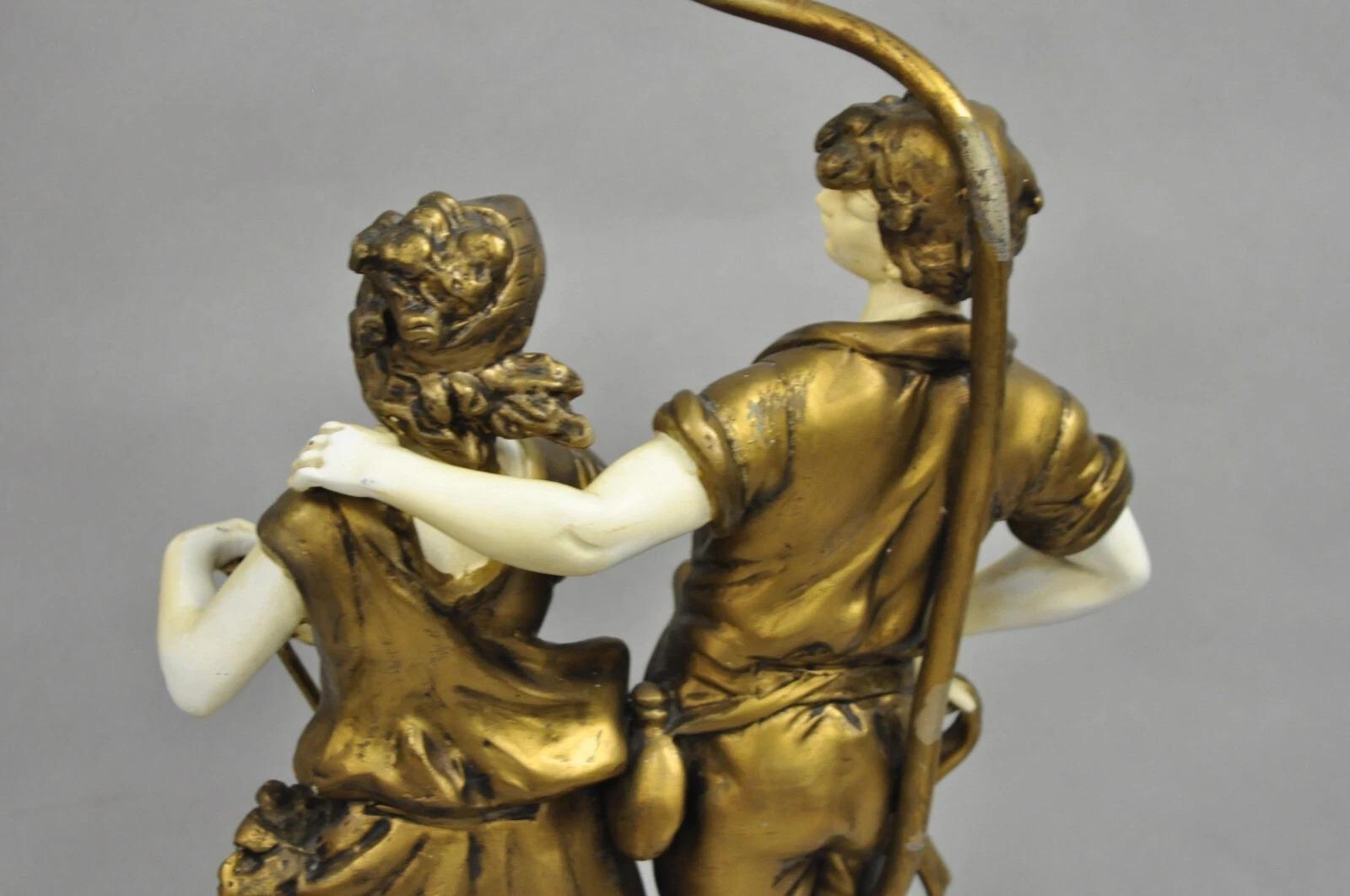Antique French Renaissance Moreau Figural Metal Table Lamp, Wife & Farmer For Sale 4