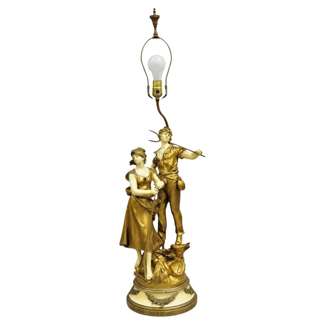 Antike French Renaissance Moreau Figural Metall Tischlampe, Frau & Bauer