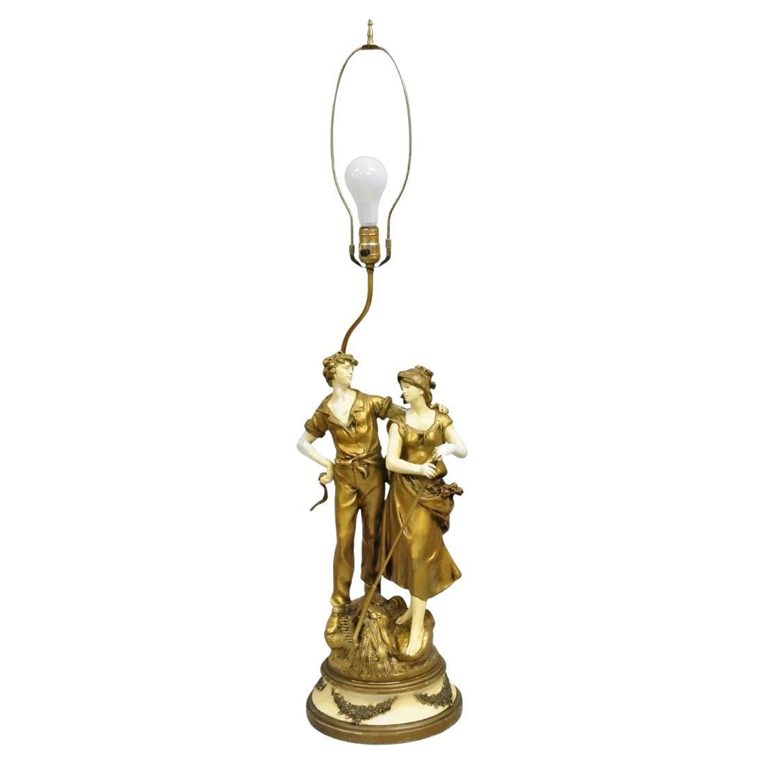 Antike French Renaissance Moreau Figural Metall Tischlampe, Frau & Bauer