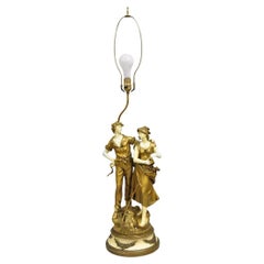 Antike French Renaissance Moreau Figural Metall Tischlampe, Frau & Bauer
