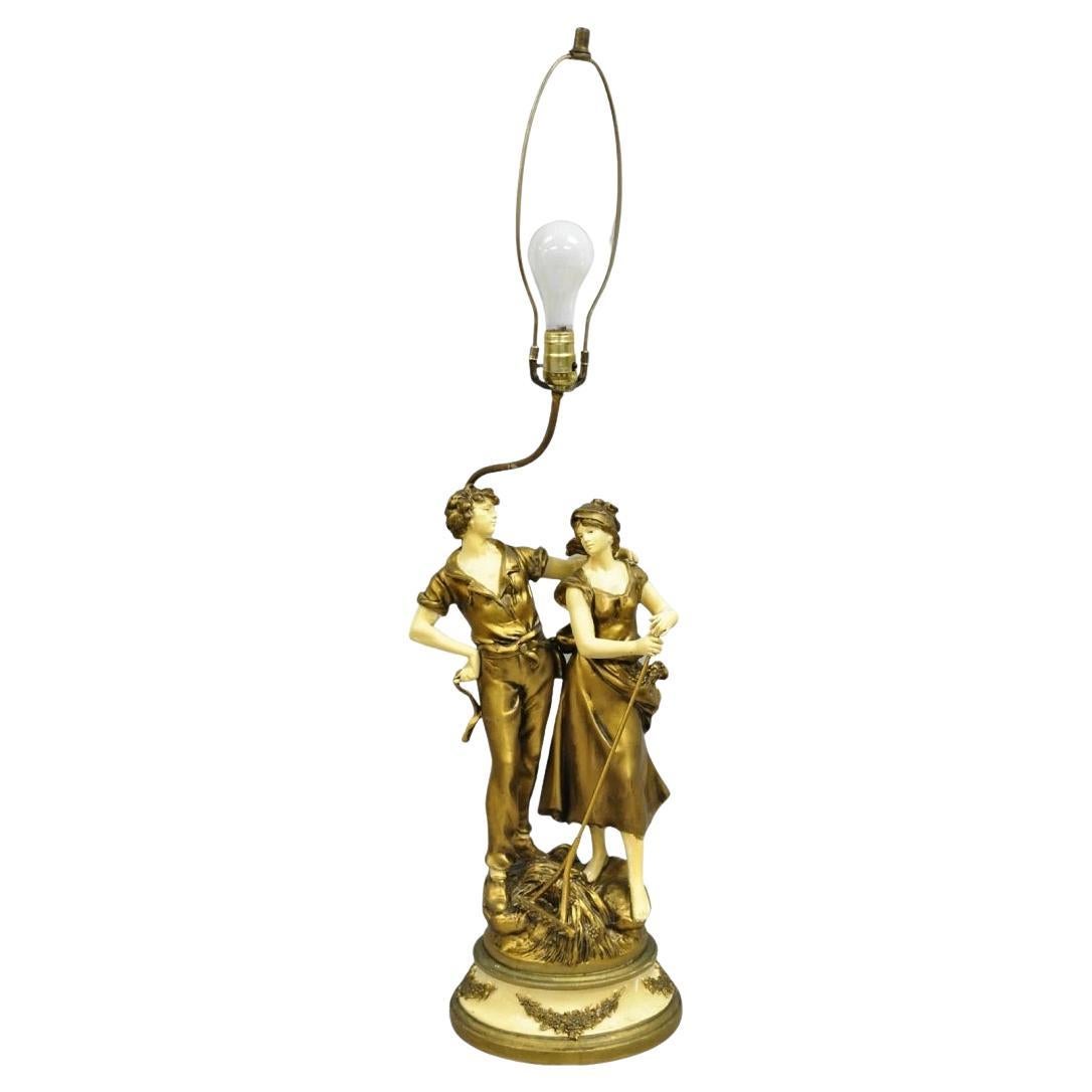 Antique French Renaissance Moreau Figural Metal Table Lamp, Wife & Farmer For Sale