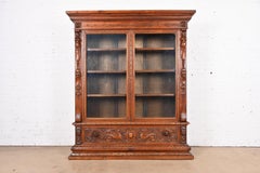 Antique French Renaissance Ornate Carved Walnut Bookcase Cabinet, Circa 1900