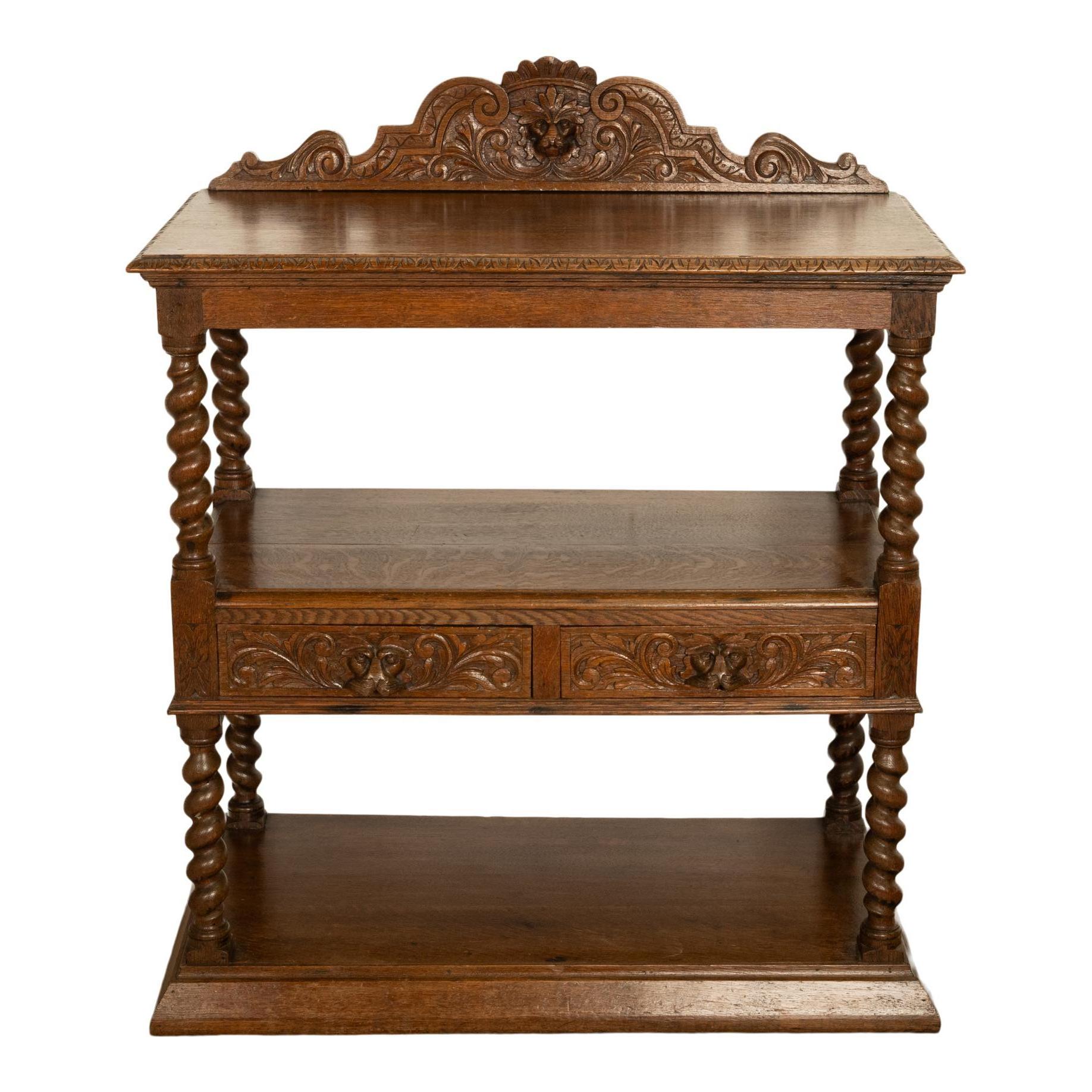 Antique French Renaissance Revival Carved Oak Barley Twist Server Buffet 1870 In Good Condition For Sale In Portland, OR