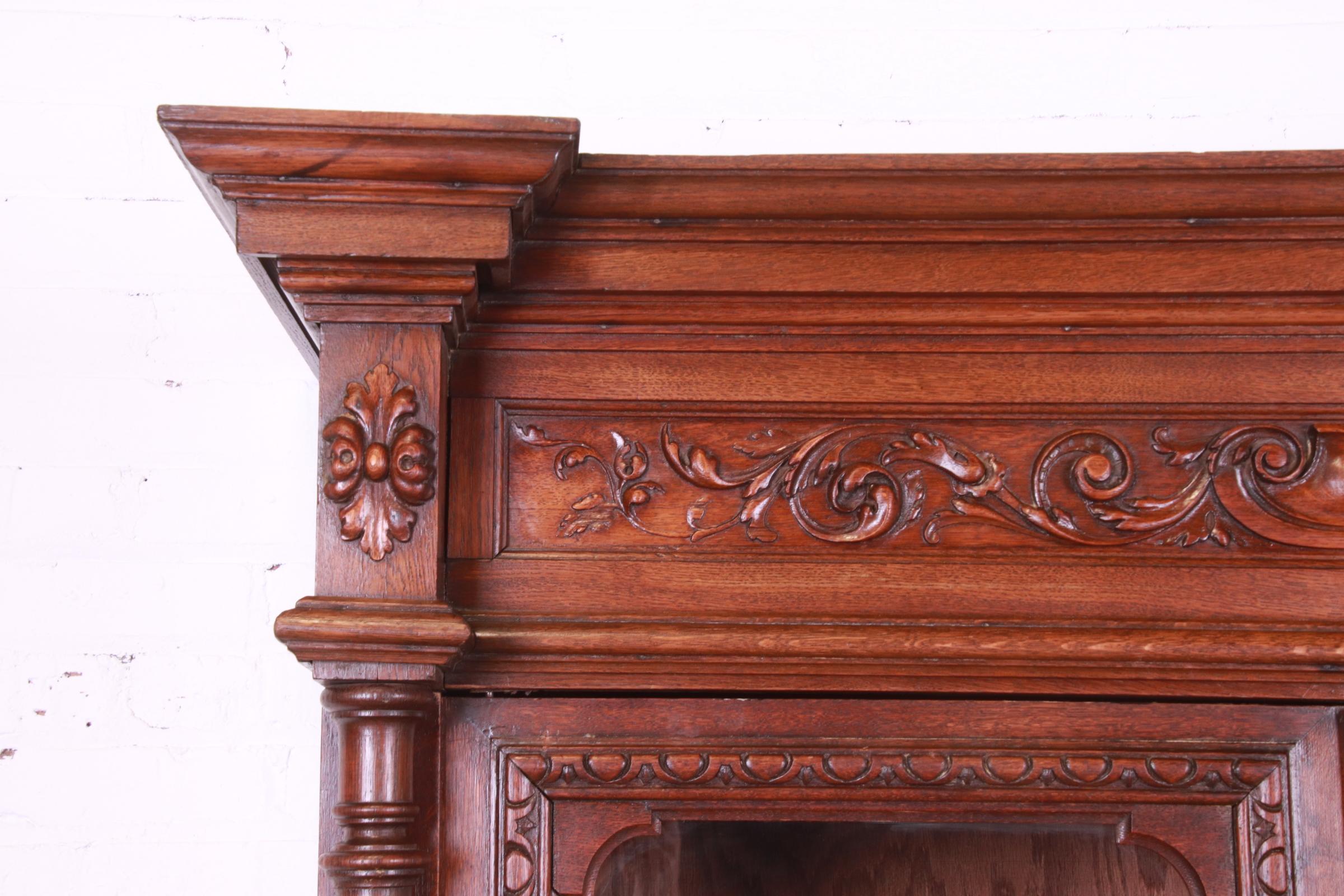 Antique French Renaissance Revival Carved Oak Bibliotheque Bookcase Cabinet 5