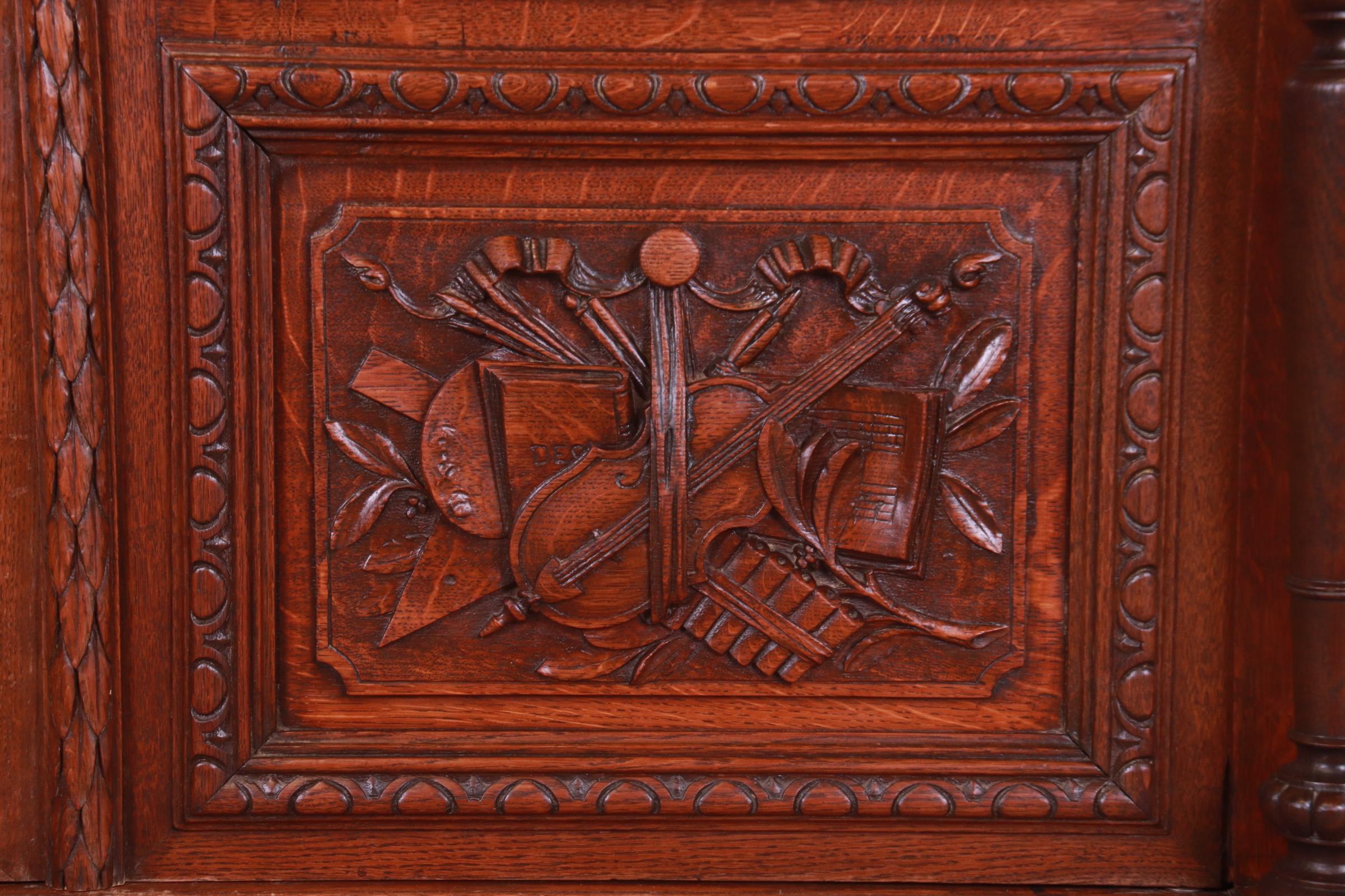 Antique French Renaissance Revival Carved Oak Bibliotheque Bookcase Cabinet 7