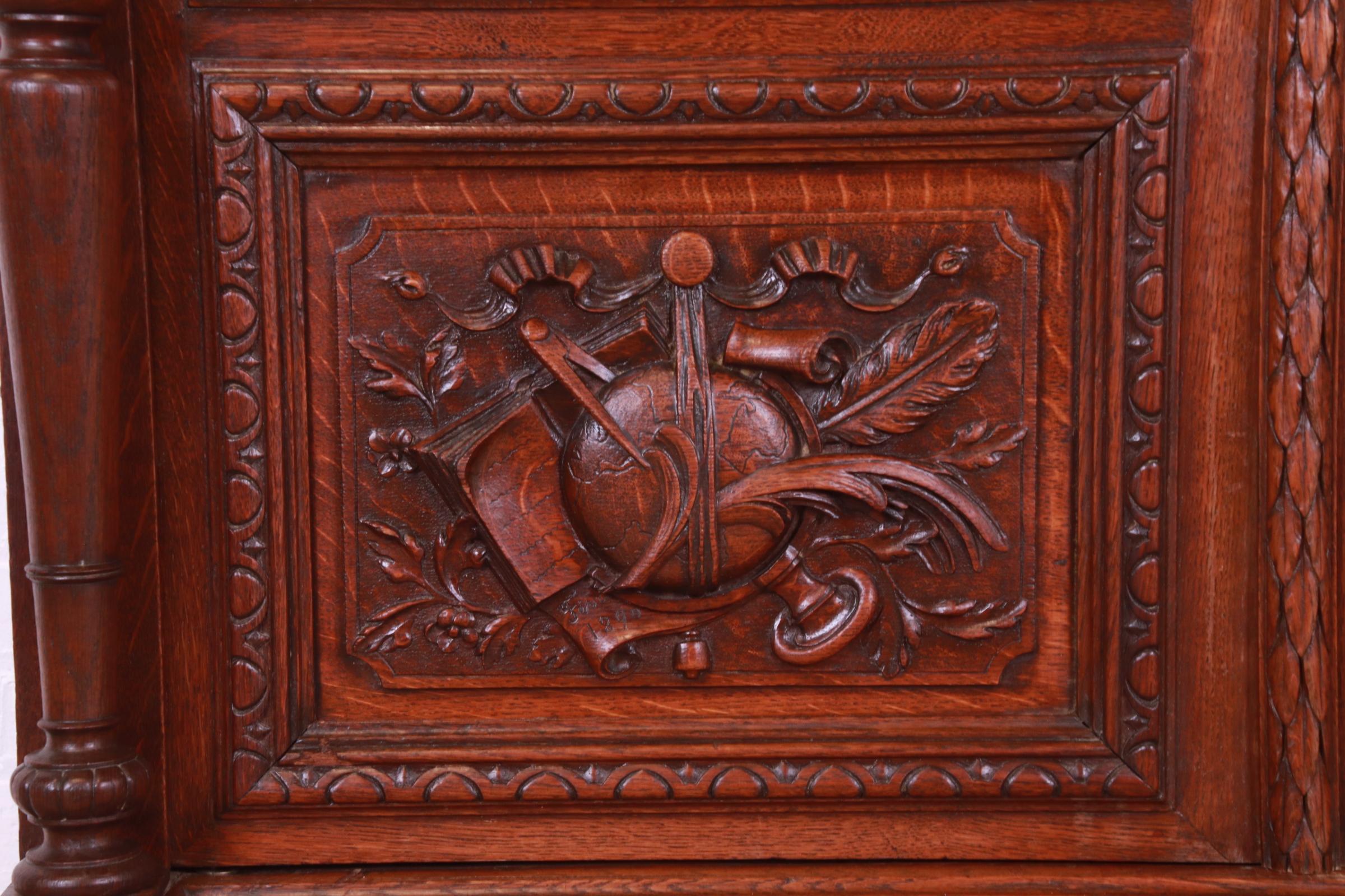 Antique French Renaissance Revival Carved Oak Bibliotheque Bookcase Cabinet 8