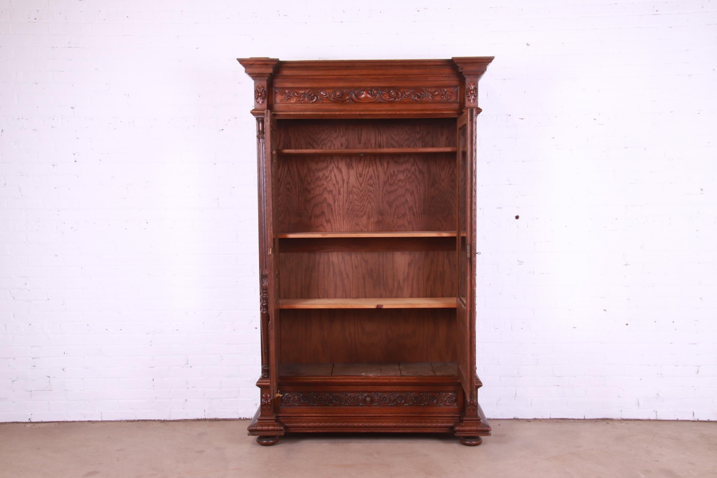Antique French Renaissance Revival Carved Oak Bibliotheque Bookcase Cabinet 9
