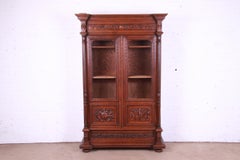 Antique French Renaissance Revival Carved Oak Bibliotheque Bookcase Cabinet