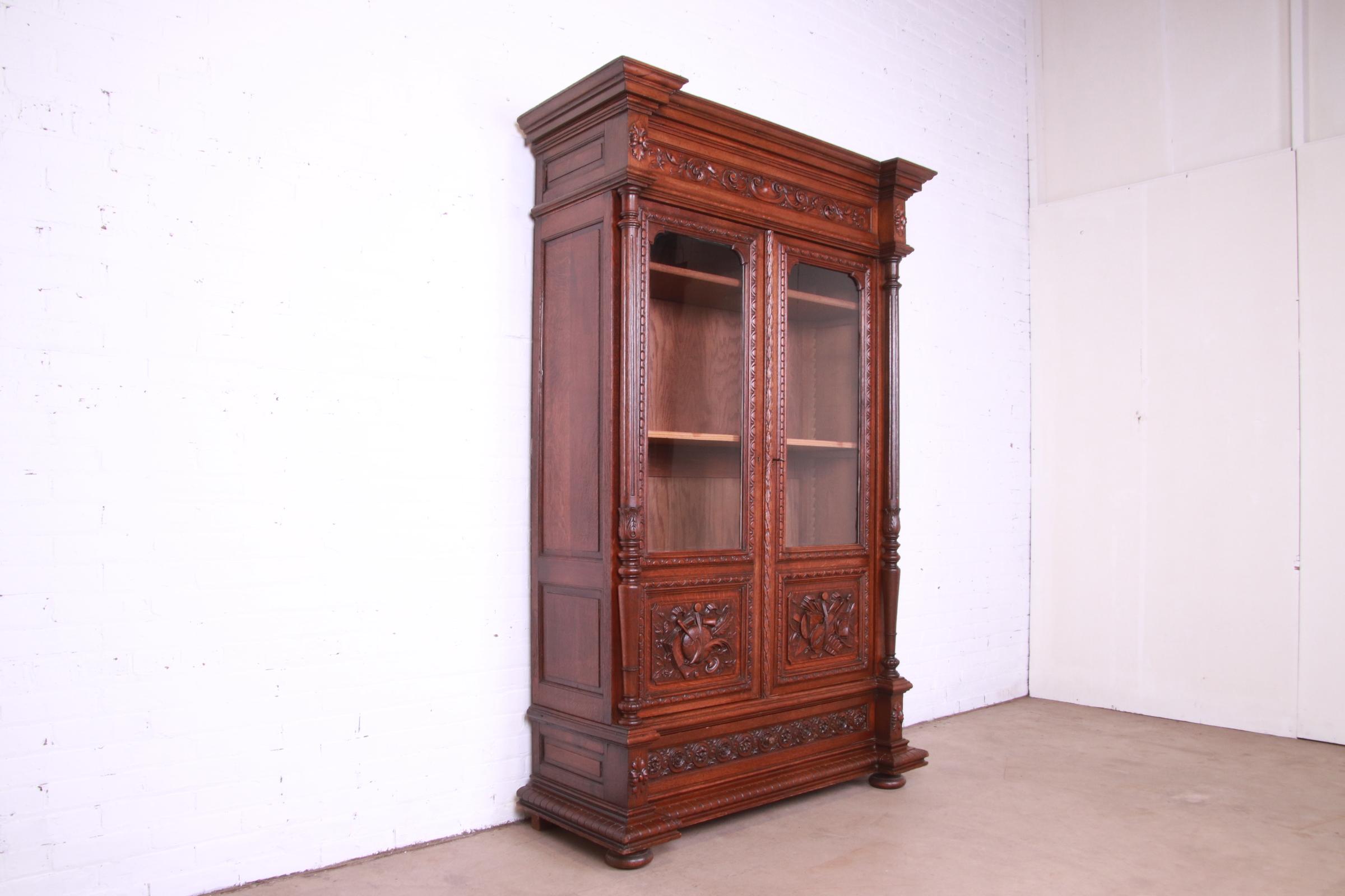 Glass Antique French Renaissance Revival Carved Oak Bibliotheque Bookcase Cabinet