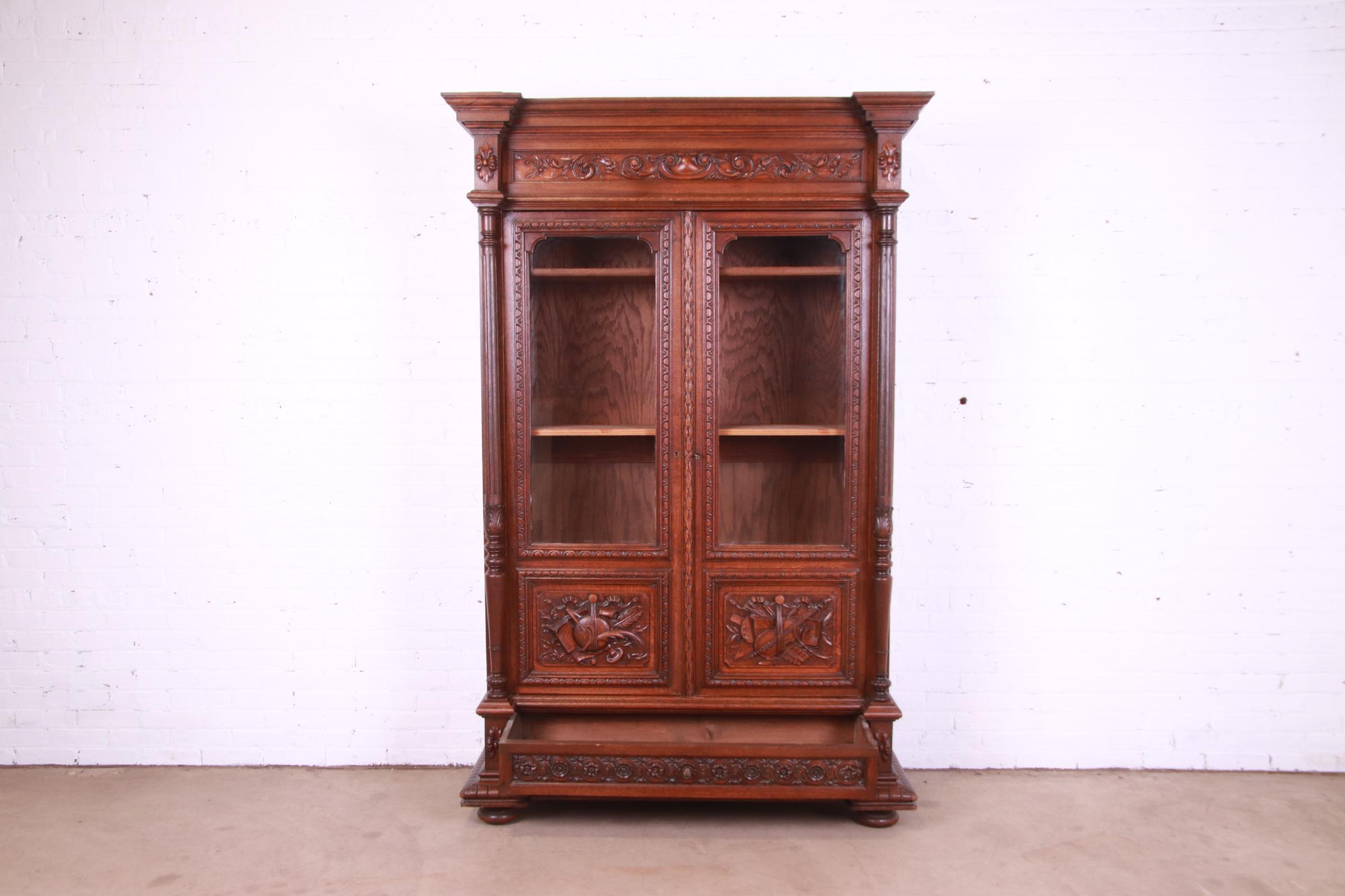 Antique French Renaissance Revival Carved Oak Bibliotheque Bookcase Cabinet 1