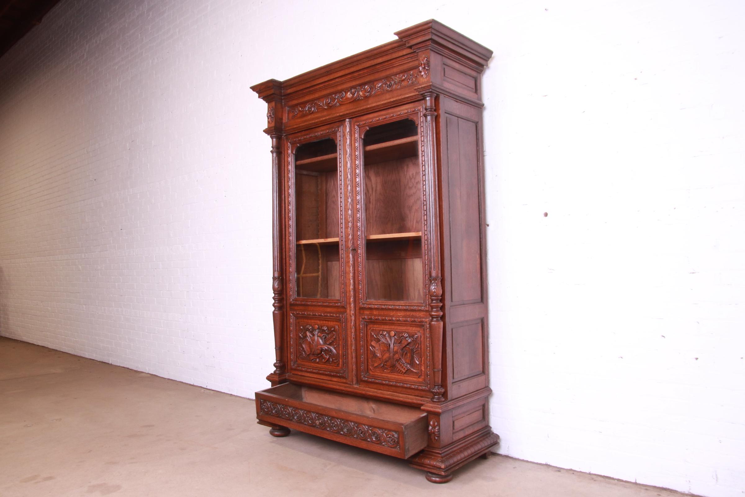 Antique French Renaissance Revival Carved Oak Bibliotheque Bookcase Cabinet 2