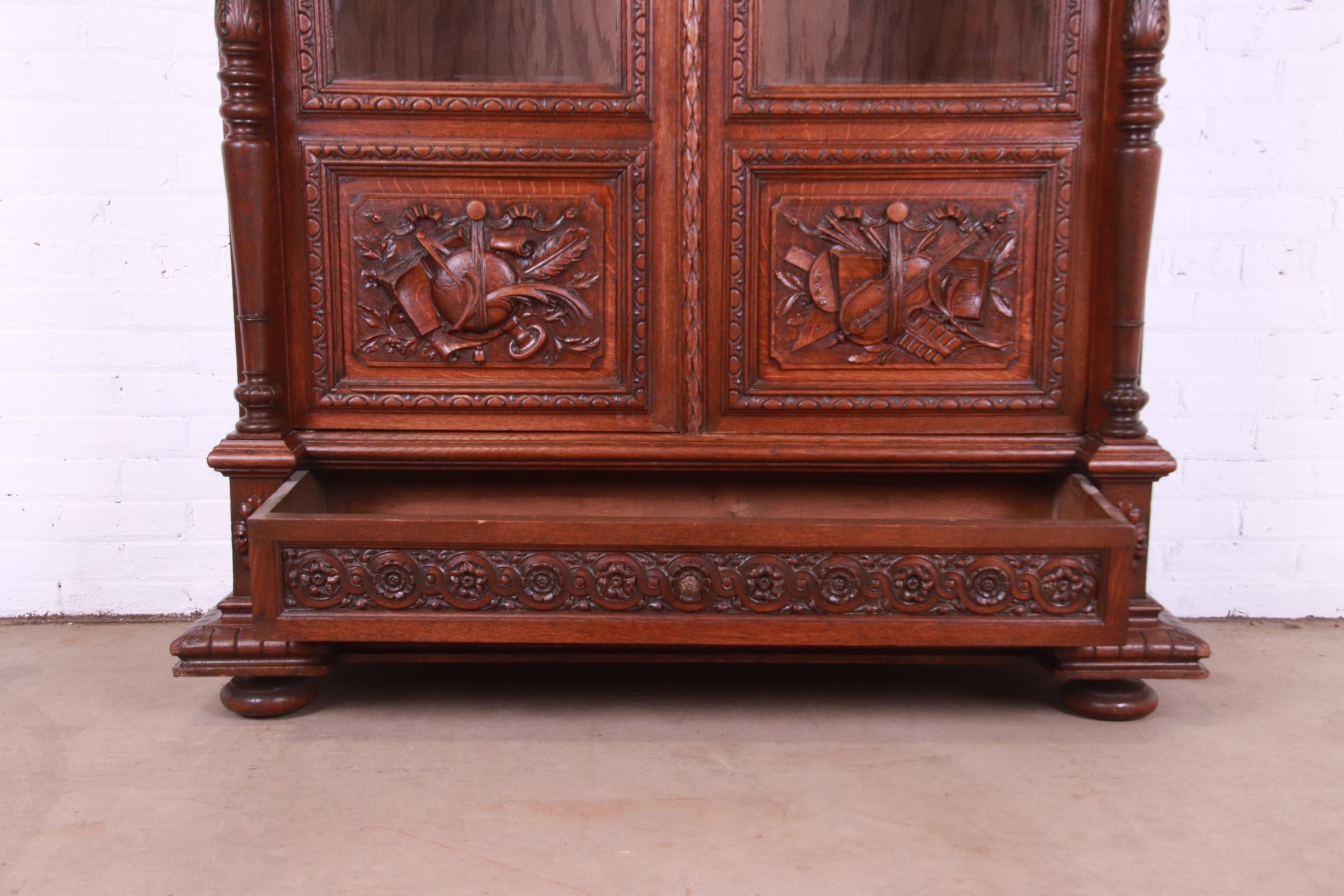 Antique French Renaissance Revival Carved Oak Bibliotheque Bookcase Cabinet 3