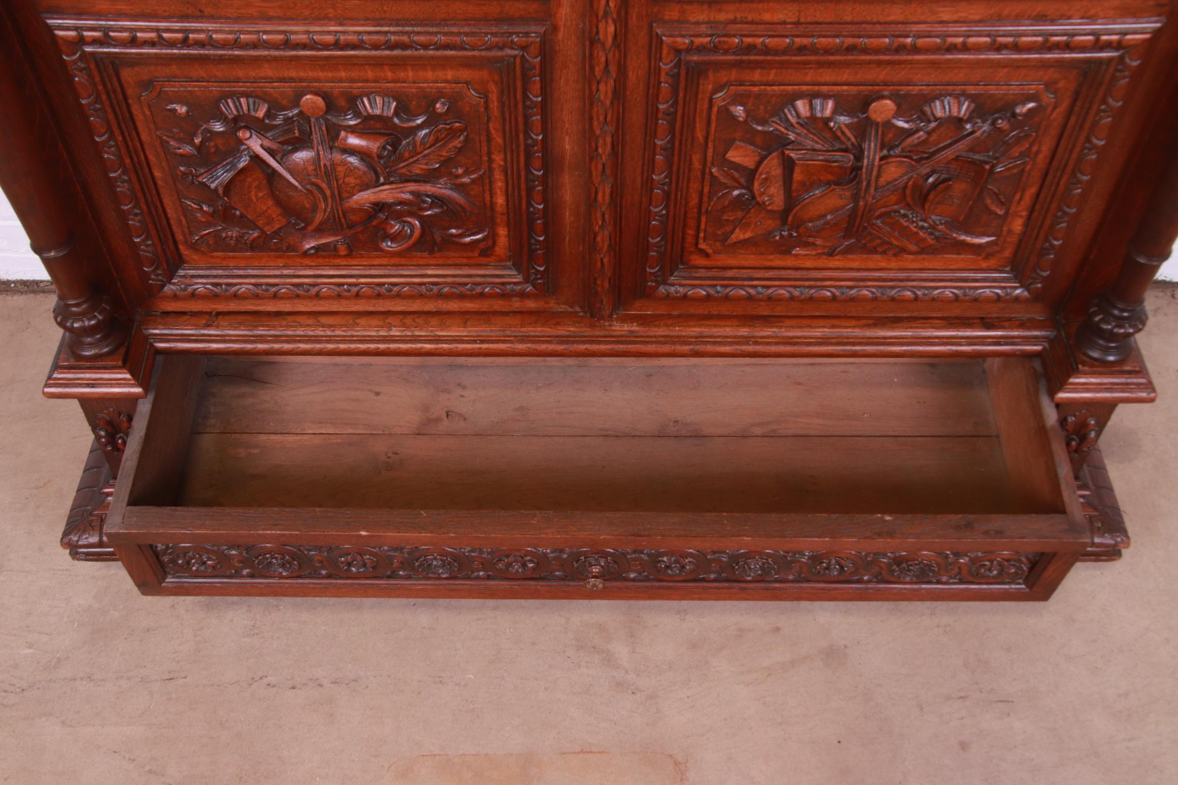 Antique French Renaissance Revival Carved Oak Bibliotheque Bookcase Cabinet 4