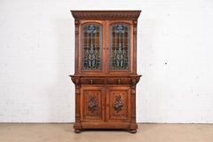 Antique French Renaissance Revival Carved Oak Breakfront Bookcase or Bar Cabinet