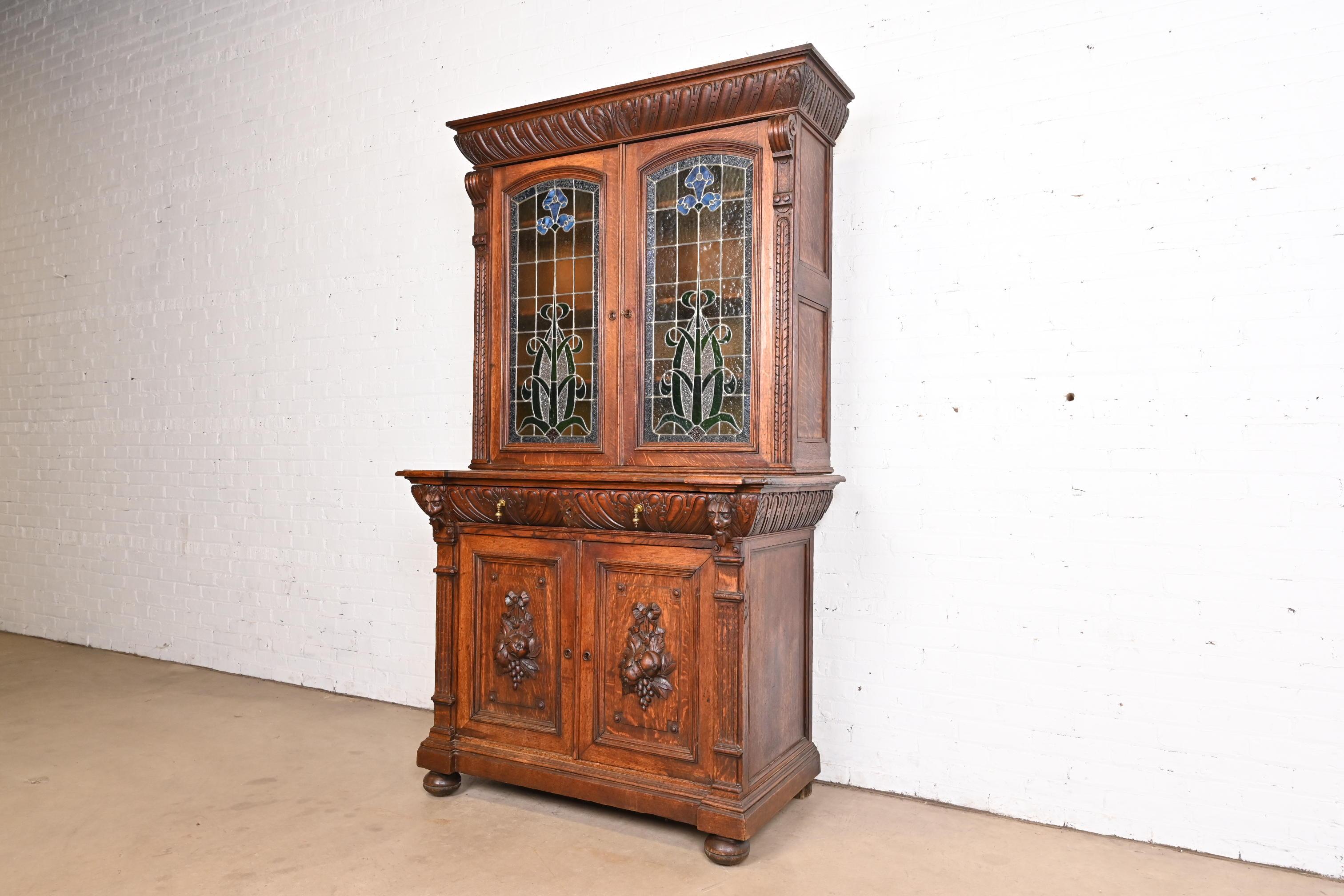 American Antique French Renaissance Revival Carved Oak Breakfront Bookcase or Bar Cabinet For Sale