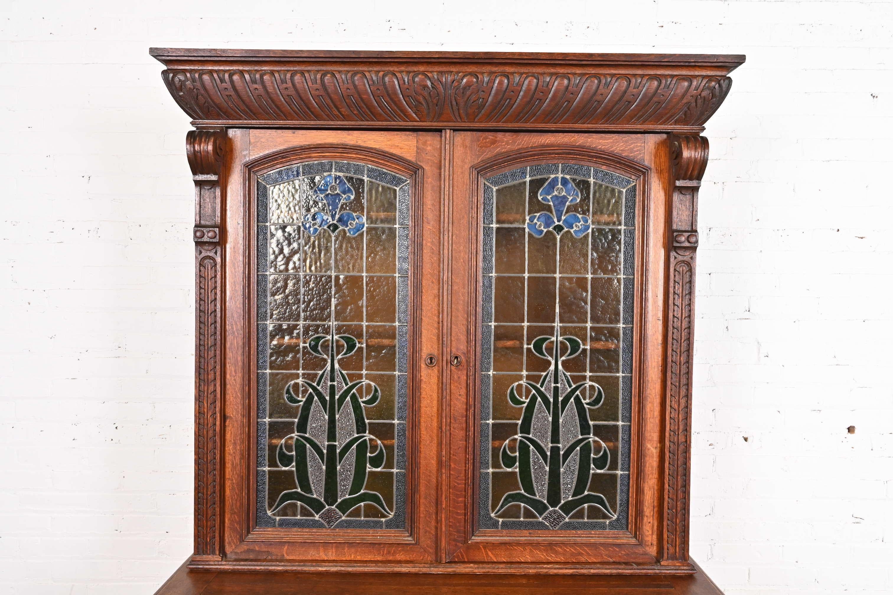19th Century Antique French Renaissance Revival Carved Oak Breakfront Bookcase or Bar Cabinet For Sale