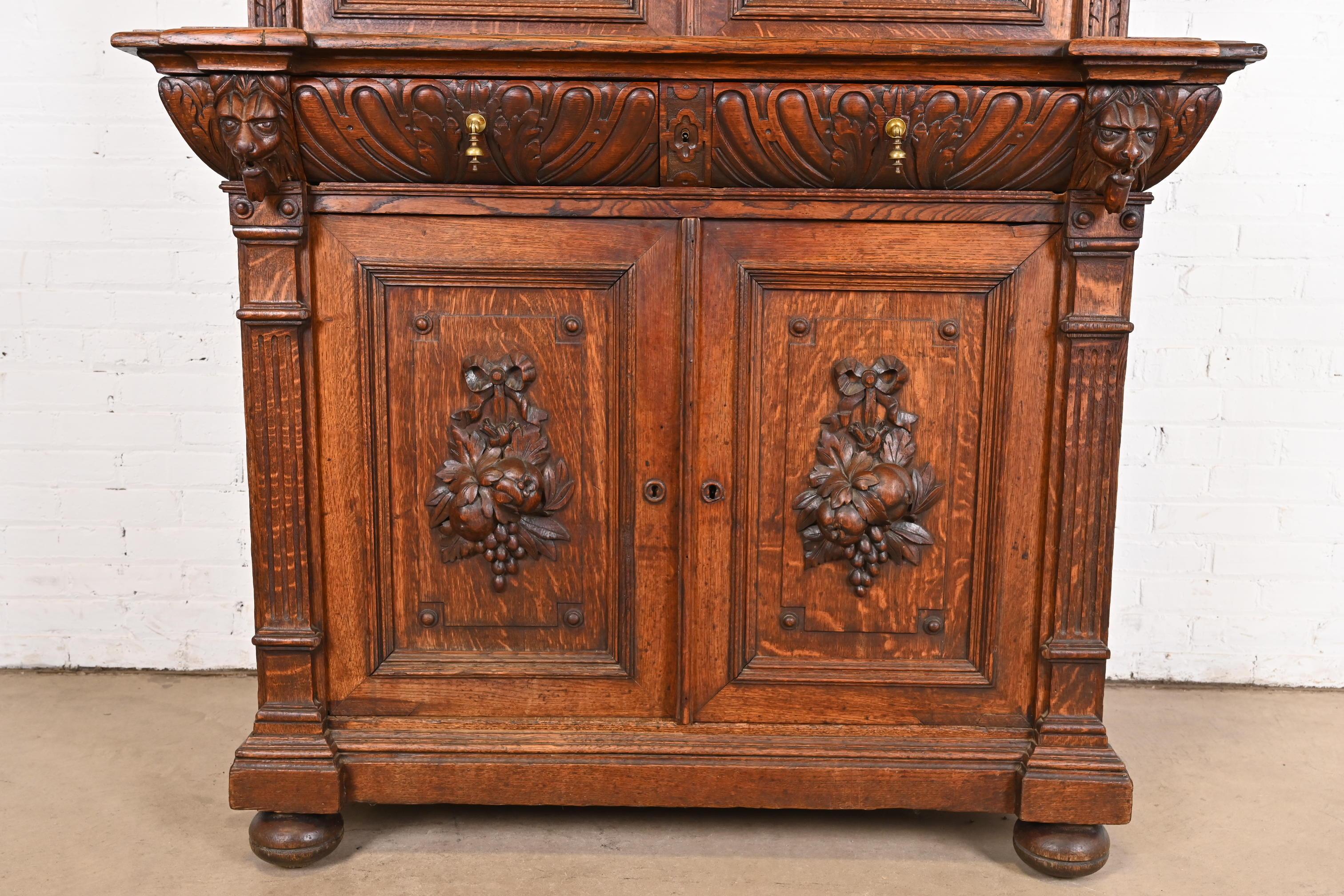 Brass Antique French Renaissance Revival Carved Oak Breakfront Bookcase or Bar Cabinet For Sale