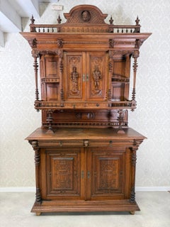 Antique French Renaissance Revival Carved Oak Sideboard Buffet