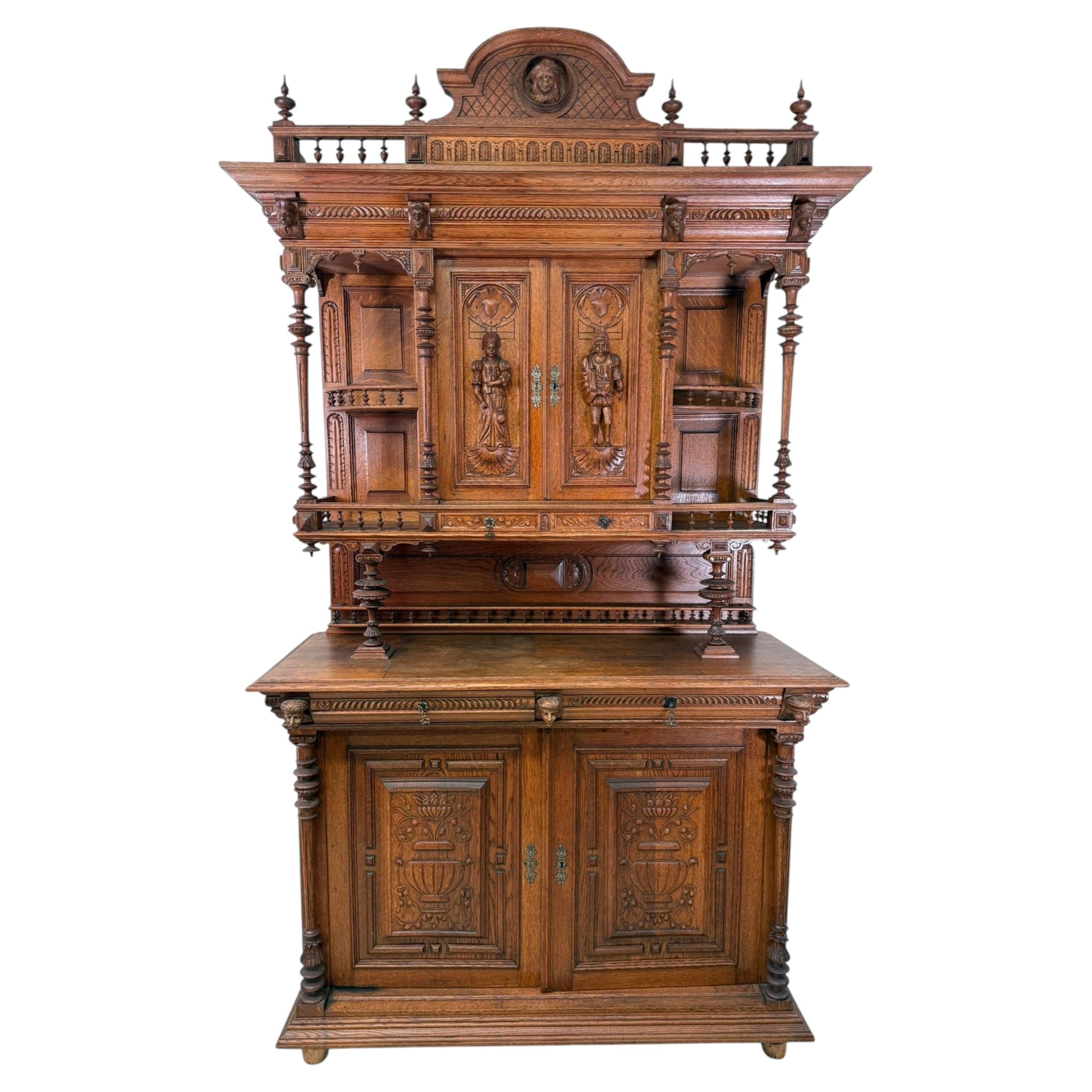 Antique French Renaissance Revival Carved Oak Sideboard Buffet