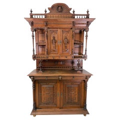 Antique French Renaissance Revival Carved Oak Sideboard Buffet