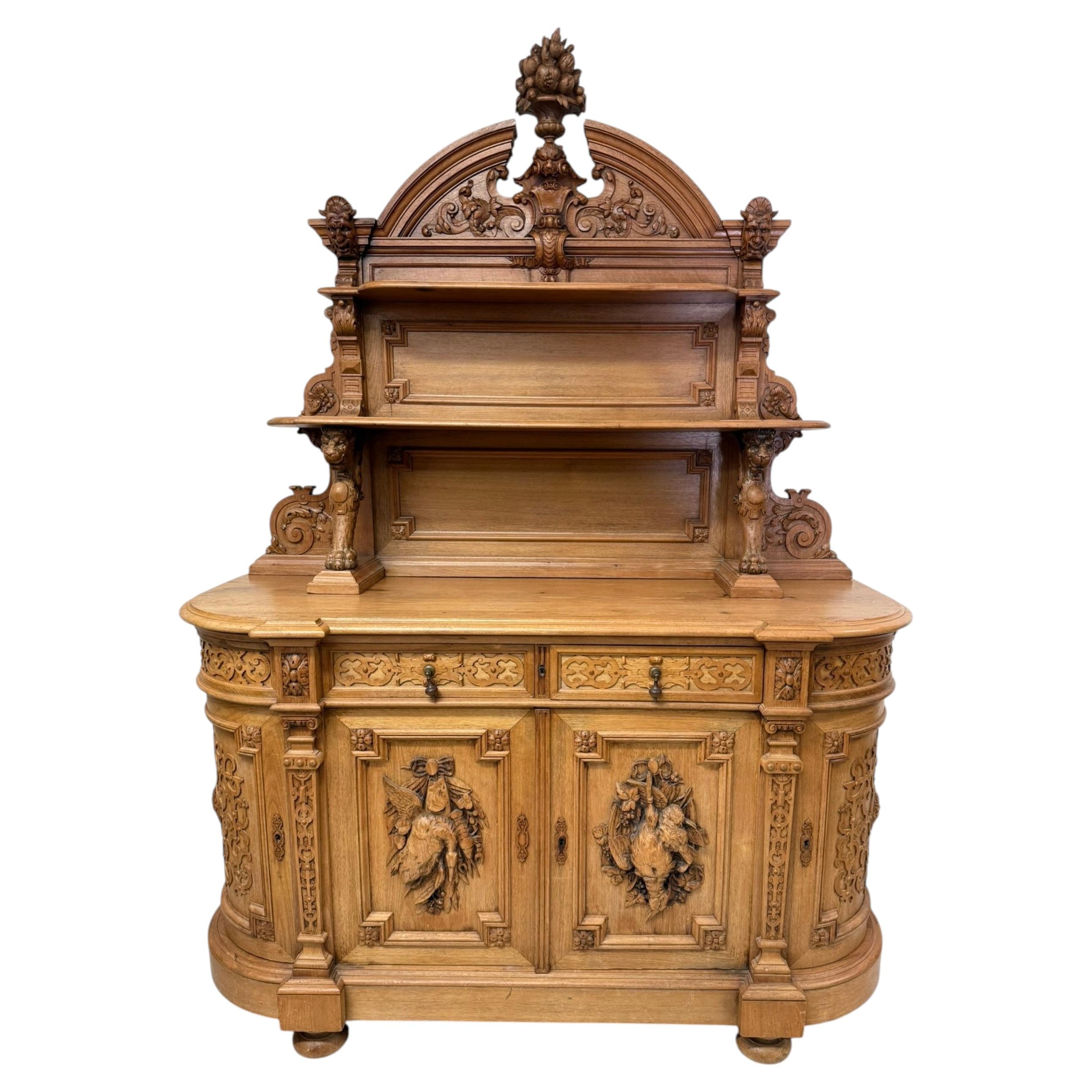 Antique French Renaissance Revival Carved Oak Sideboard, Monumental Figural Hunt