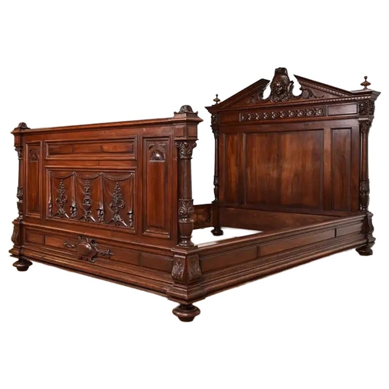Antique French Renaissance Revival Carved Walnut Full Size Bed, Circa 1880s
