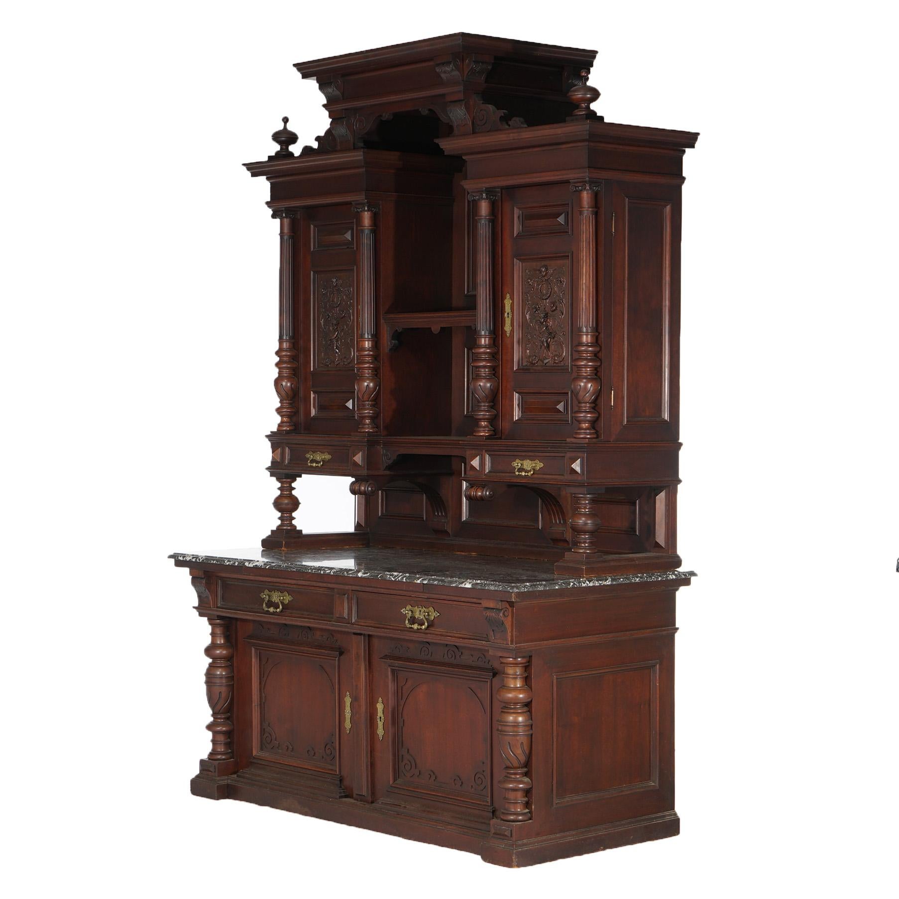 Antique French Renaissance Revival Carved Walnut Marble Top Court Cupboard C1890 For Sale 11