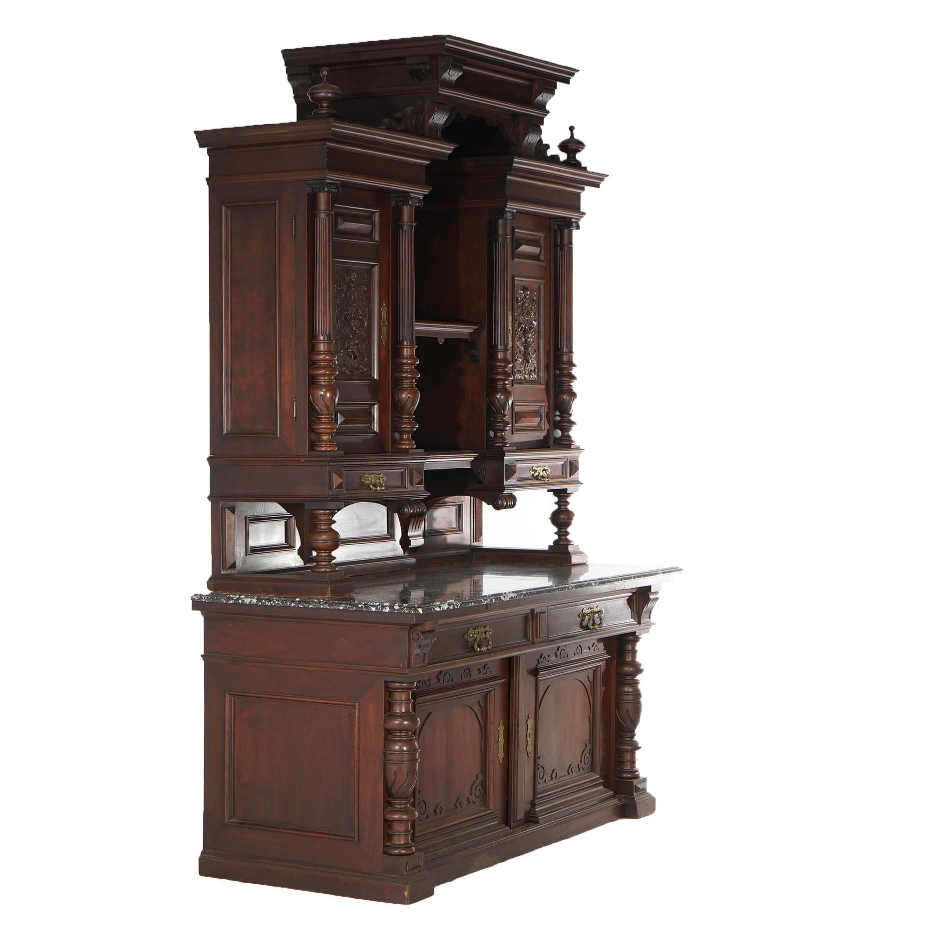 Antique French Renaissance Revival Carved Walnut Marble Top Court Cupboard C1890 For Sale 15
