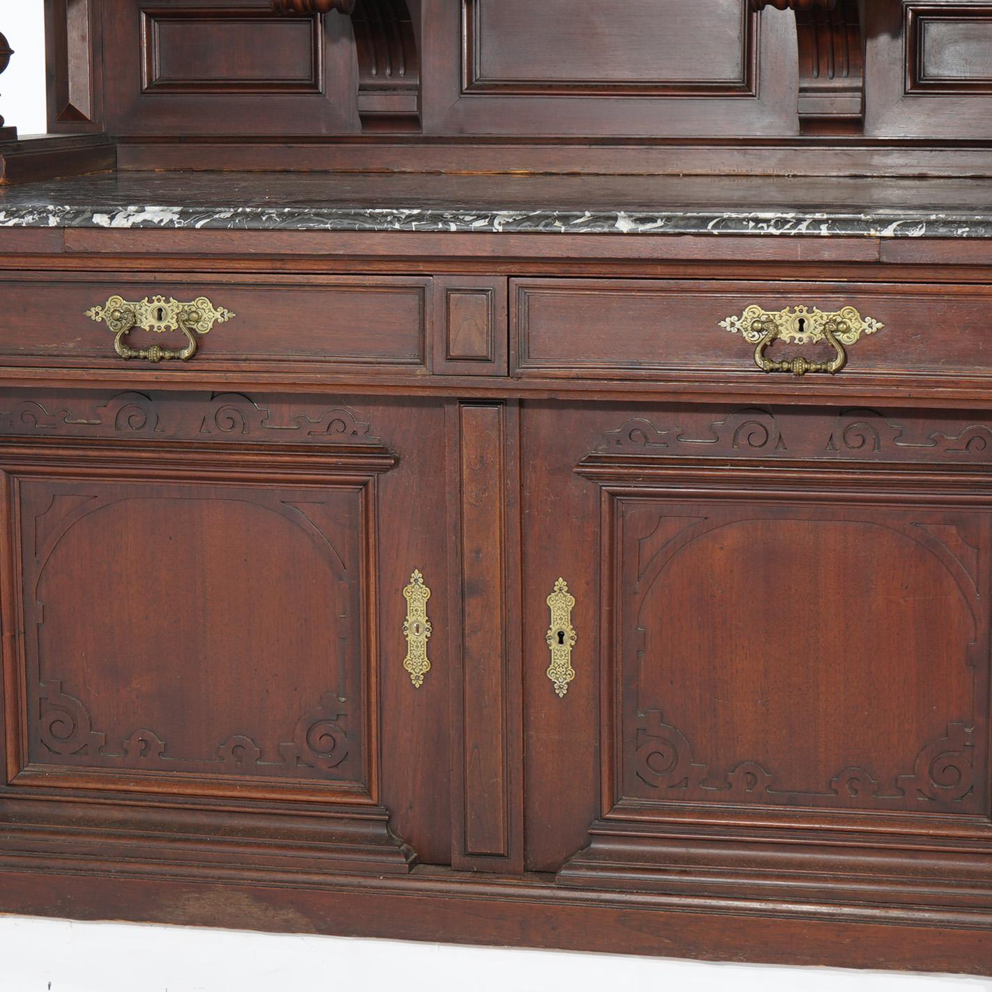 19th Century Antique French Renaissance Revival Carved Walnut Marble Top Court Cupboard C1890 For Sale